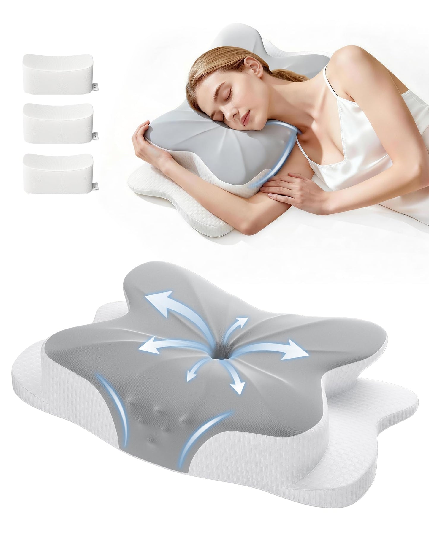 Aeemrn Memory Foam Pillow, Cervical Neck Pillow for Neck Pain 2in1, 3-Level Adjustable Firmness, Ergonomic Neck Support for Side & Back Sleepers, Breathable Contour Pillow with Armrest Zones