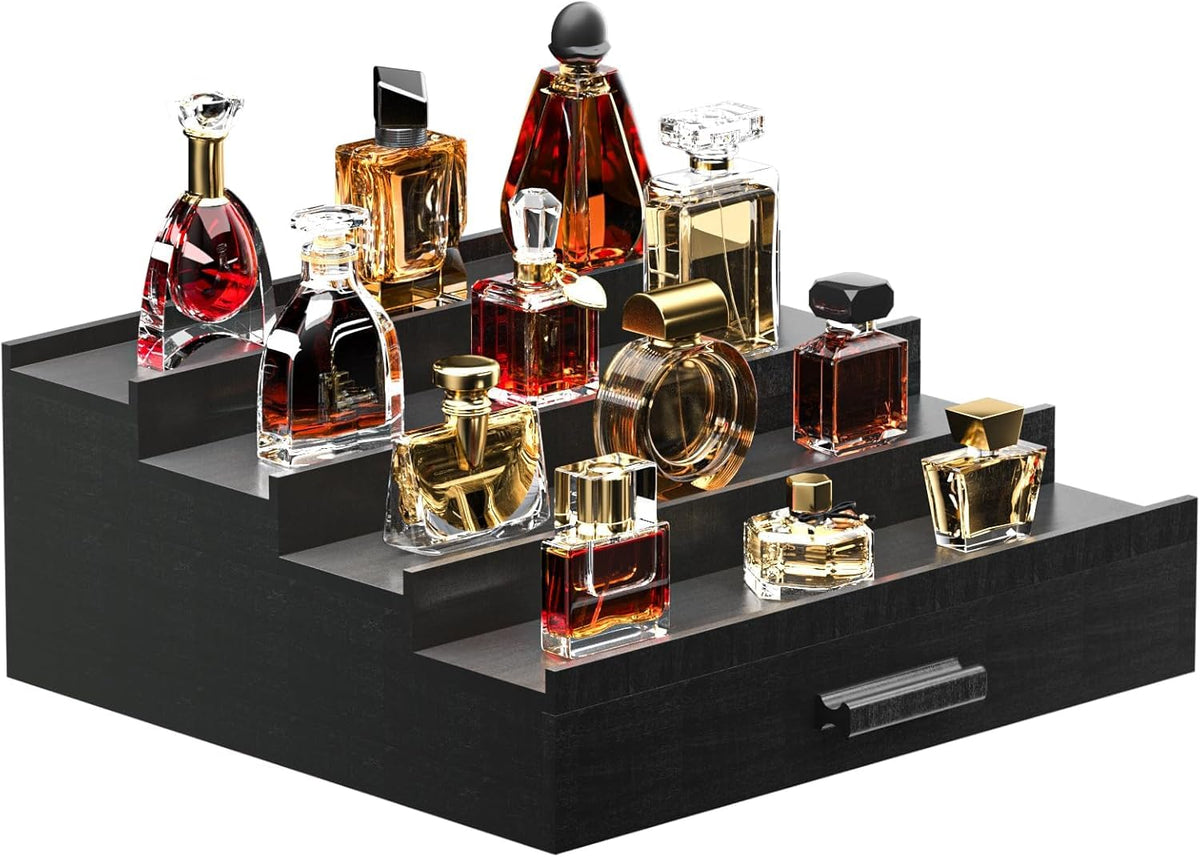 Wooden Cologne Organizer for Men 4 Tier of Elevated Cologne Display Shelf with Drawer Storage Perfume Organization and Storage Display Risers,Great Gift for Man (Black)