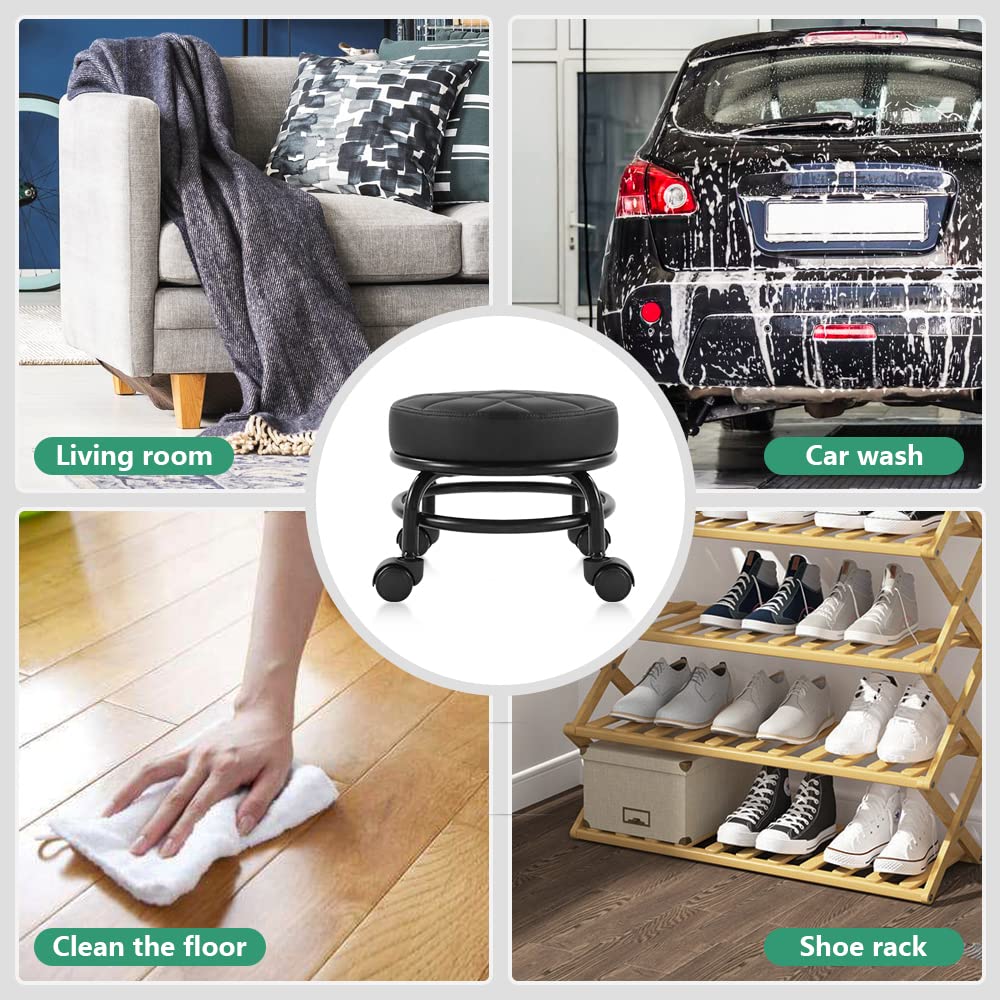 FURWOO Low Roller Seat PU Leather Rolling Stool Step Mechanic Stool on Wheels for Home Office Garage Shop Black