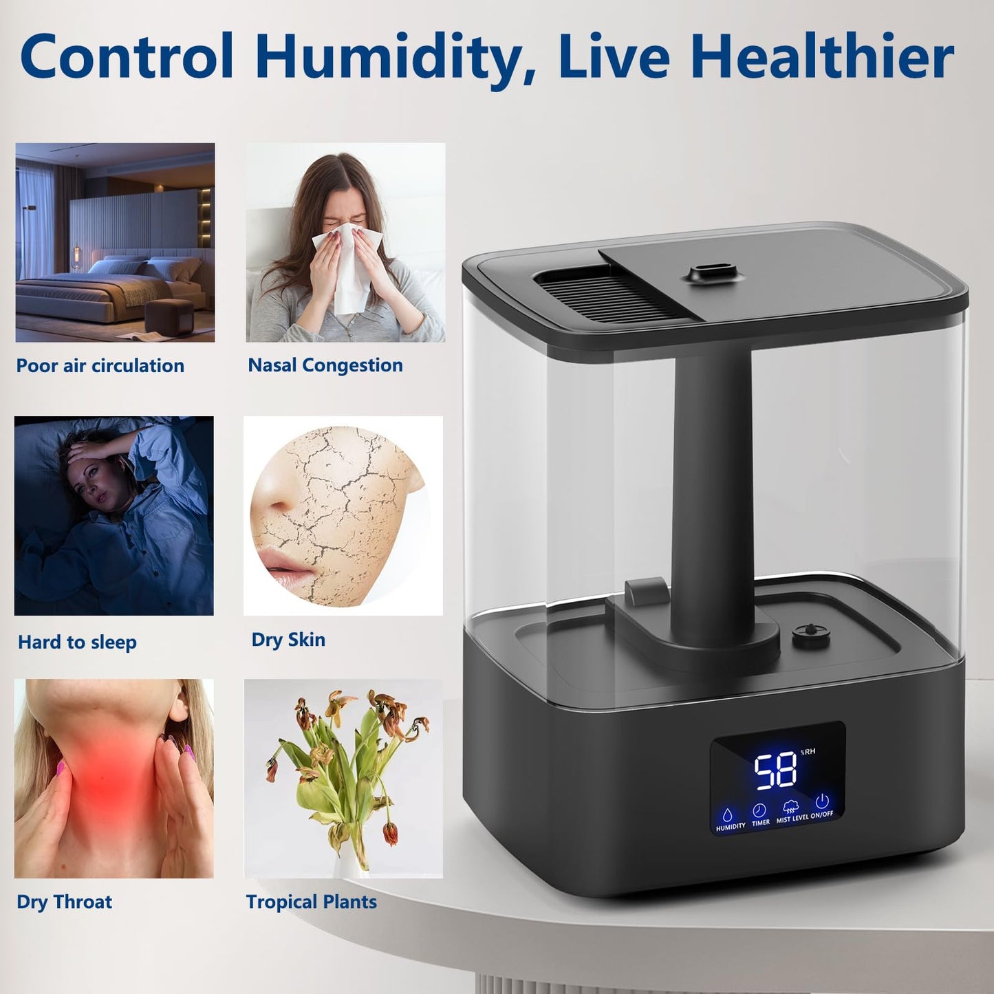 KZF Top Fill Humidifiers for Bedroom & 60H Runtime - Cool Mist Humidifier, 3 Mist Levels, 8H Timer, Essential Oil Tray, Humidity Display, Quiet for Bedroom, Baby, Plants, Large Room (4L)