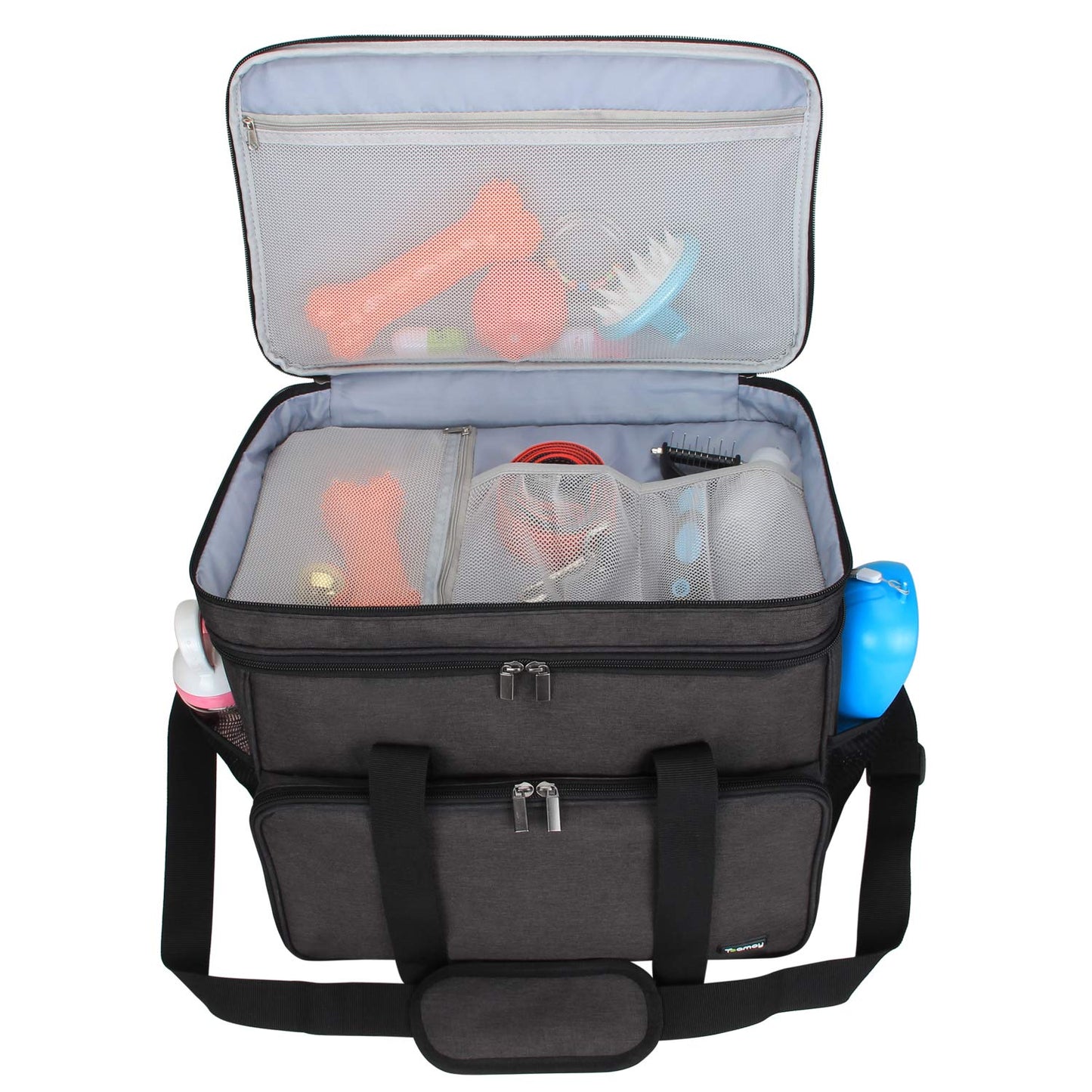 Teamoy Double Layer Dog Travel Bag with 2 Silicone Collapsible Bowls, 2 Food Carriers, 1 Water-Resistant Placemat, Pet Supplies Weekend Tote Organizer, Large, Black