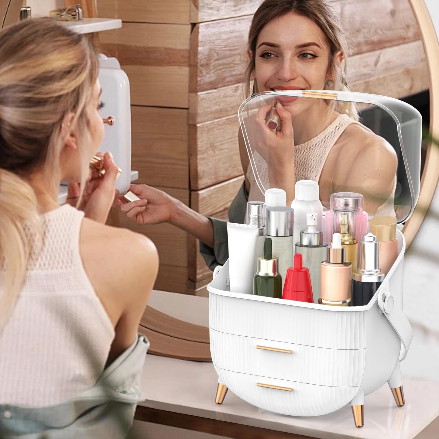 Forthee Makeup Organizer, Cosmetics Organizer Display Case with Two Drawers and Brush Storage Box, Skincare Organizer Box Suitable for Bathroom Countertop and Bedroom Vanity Dresser (White)