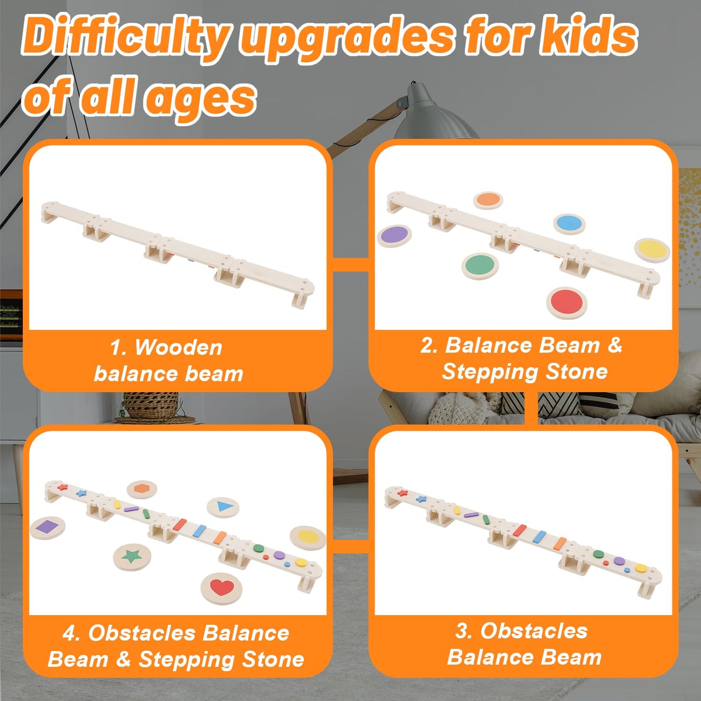 3 in 1 Wooden Balancing Beam for Children and Toddlers with Stepping Stones, Multifunctional Montessori Balancing Board with Obstacle Course, Balance and Sensory Training