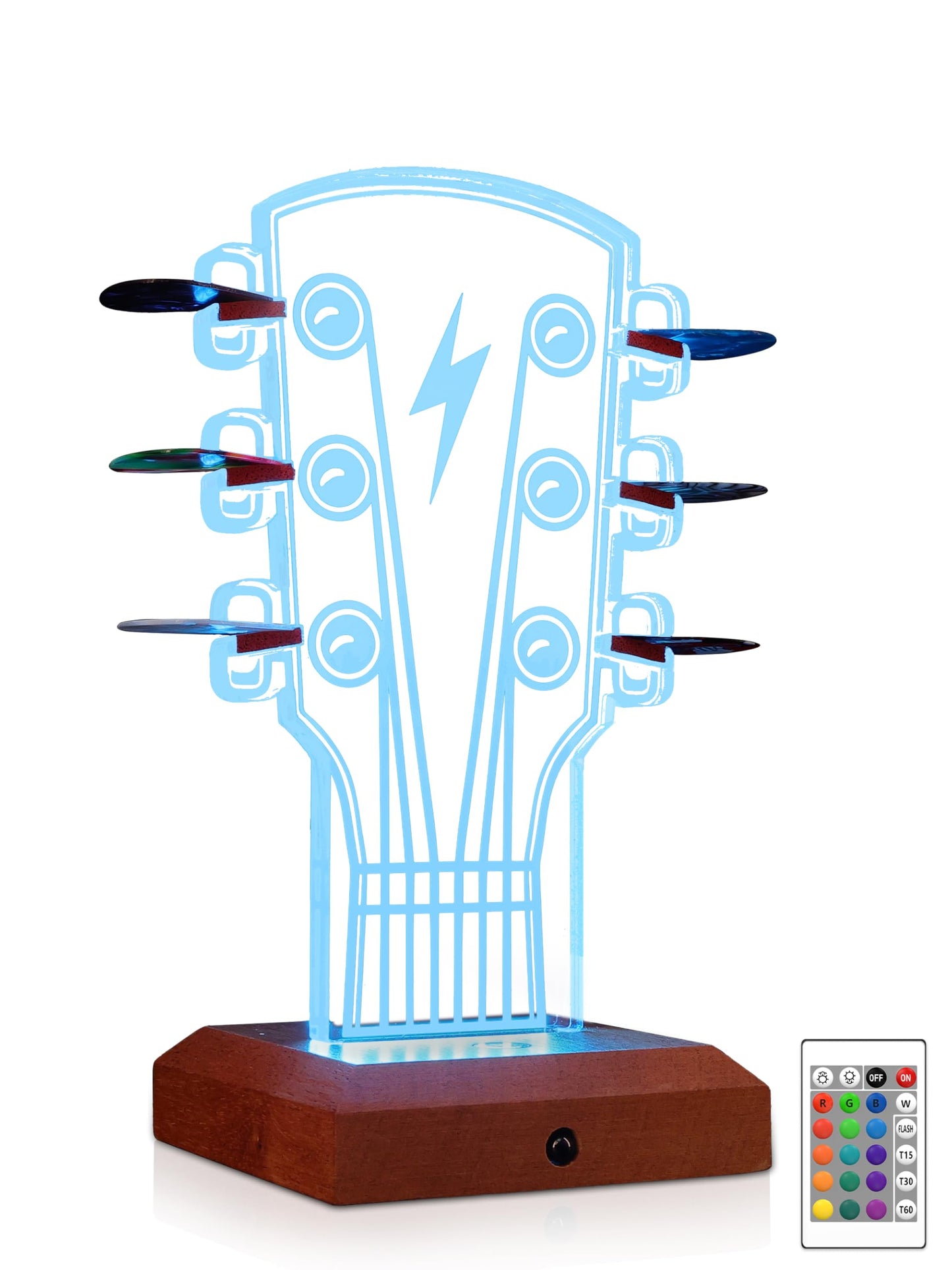 CoolGift Mart Light Up Guitar Pick Holder, Acrylic Wooden Guitar Headstock Shaped Pick Holder with 16 Color Lights for Picks Storage and Display, Gift for Guitarists