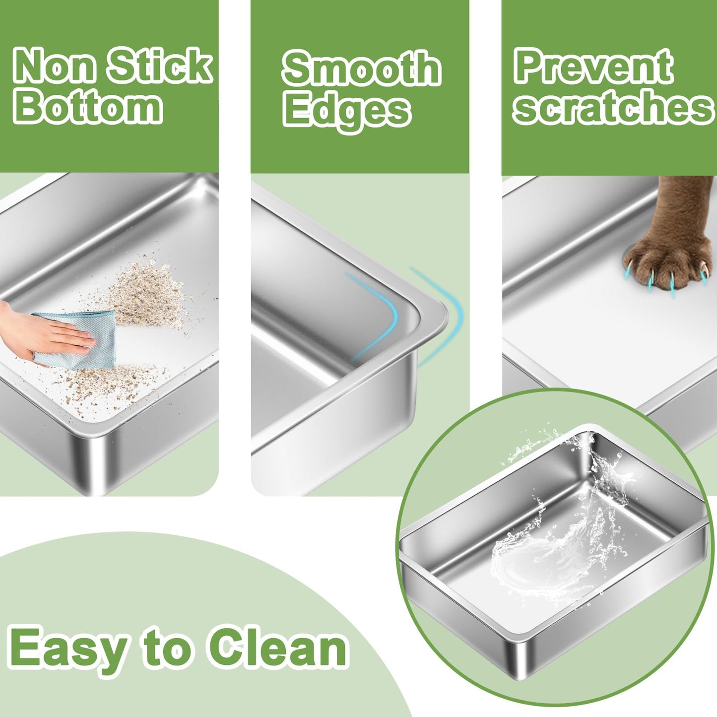 Amibud 2 Pack Stainless Steel Cat Litter Box, Metal High Sided Cat Pan, Extra Large Stainless Steel Box, Easy to Clean,Small Cat Toilet Supplies for Kitten, Kitty, Rabbit-40cm Lx 30cm W x 10cm H