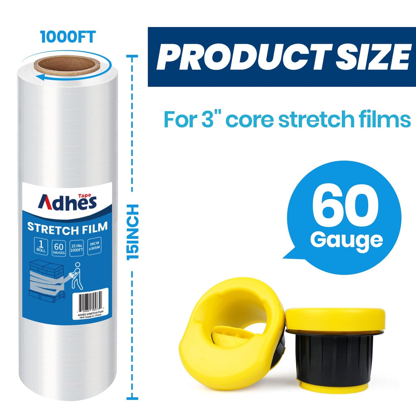ADHES Heavy Duty Shrink Wrap Roll, 15 Inch x 1000 Feet, 2-Pack Stretch Wrap Stretch Film, 60 Gauge Industrial Strength Plastic Moving Wrap for Pallet Wrap, Furniture Wrapping Moving & Protection