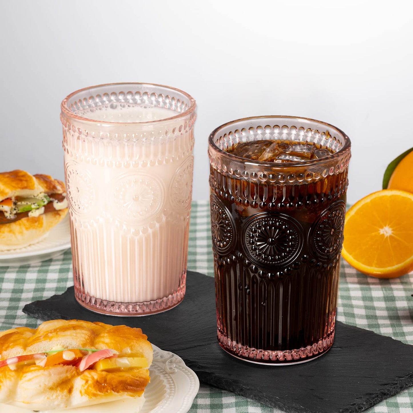 megarte Vintage Drinking Glasses Set - 12 Piece Textured Embossed Glassware 6 Highball Glasses 12 oz & 6 Rocks Glasses 10 oz Romantic Cocktail Cups for Iced Water Juice Tea Beverage Coffee Pink
