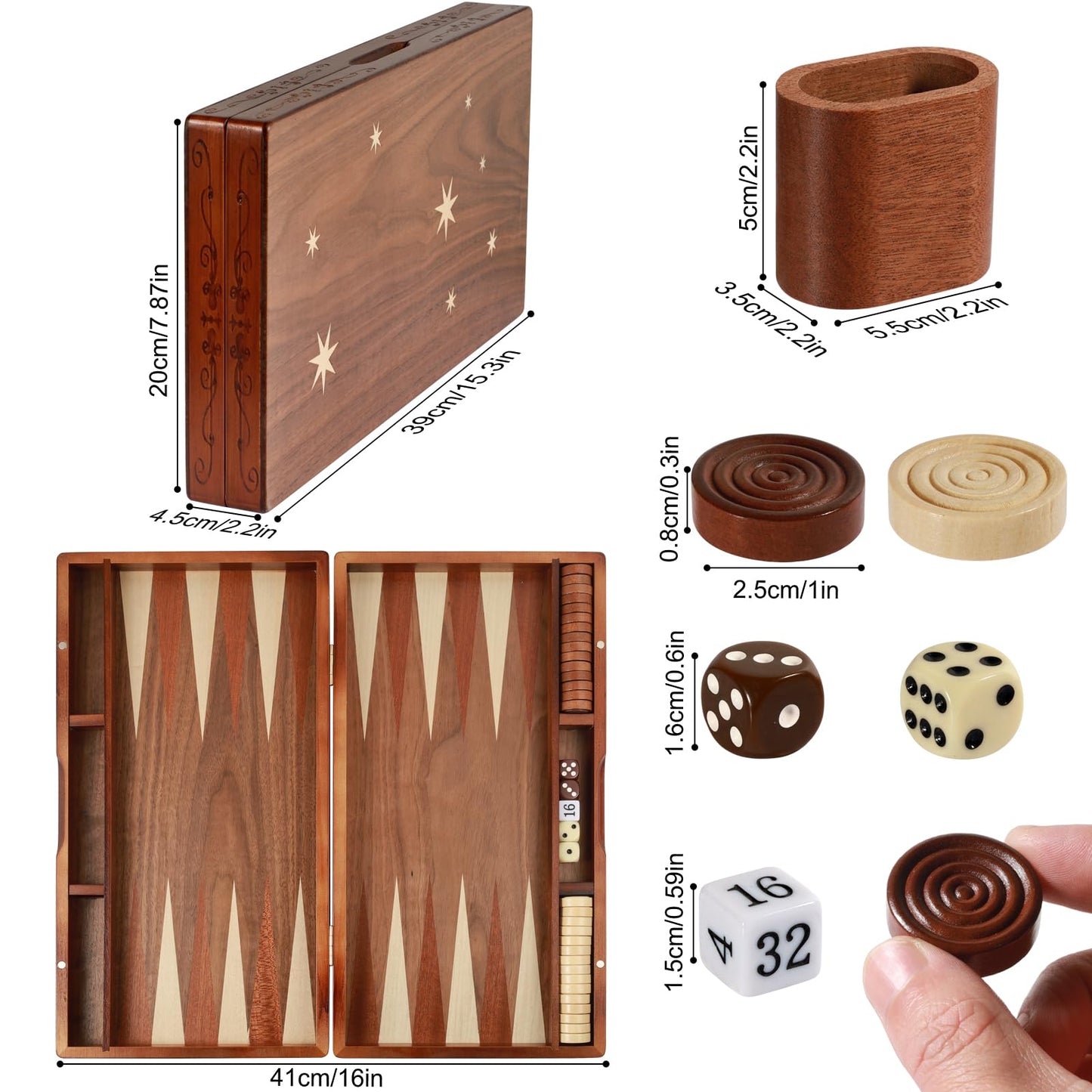 Syrace Handcrafted Wooden Backgammon Set, 16" Large Size, Classic Two-Player Strategy Board，Premium Travel Game Board for Adults & Kids