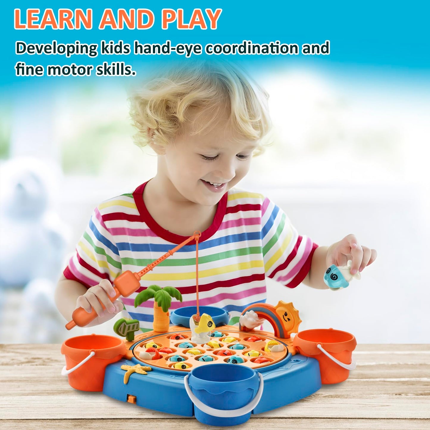 Jovarous Magnetic Fishing Game Set - Fish Toys with 21 Fish and 6 Poles, Rotating Board and On-Off Music Switch - Fun Fishing Board Games for Kids and Toddlers Age 3 4 5 6 7 8 and Up (Blue)