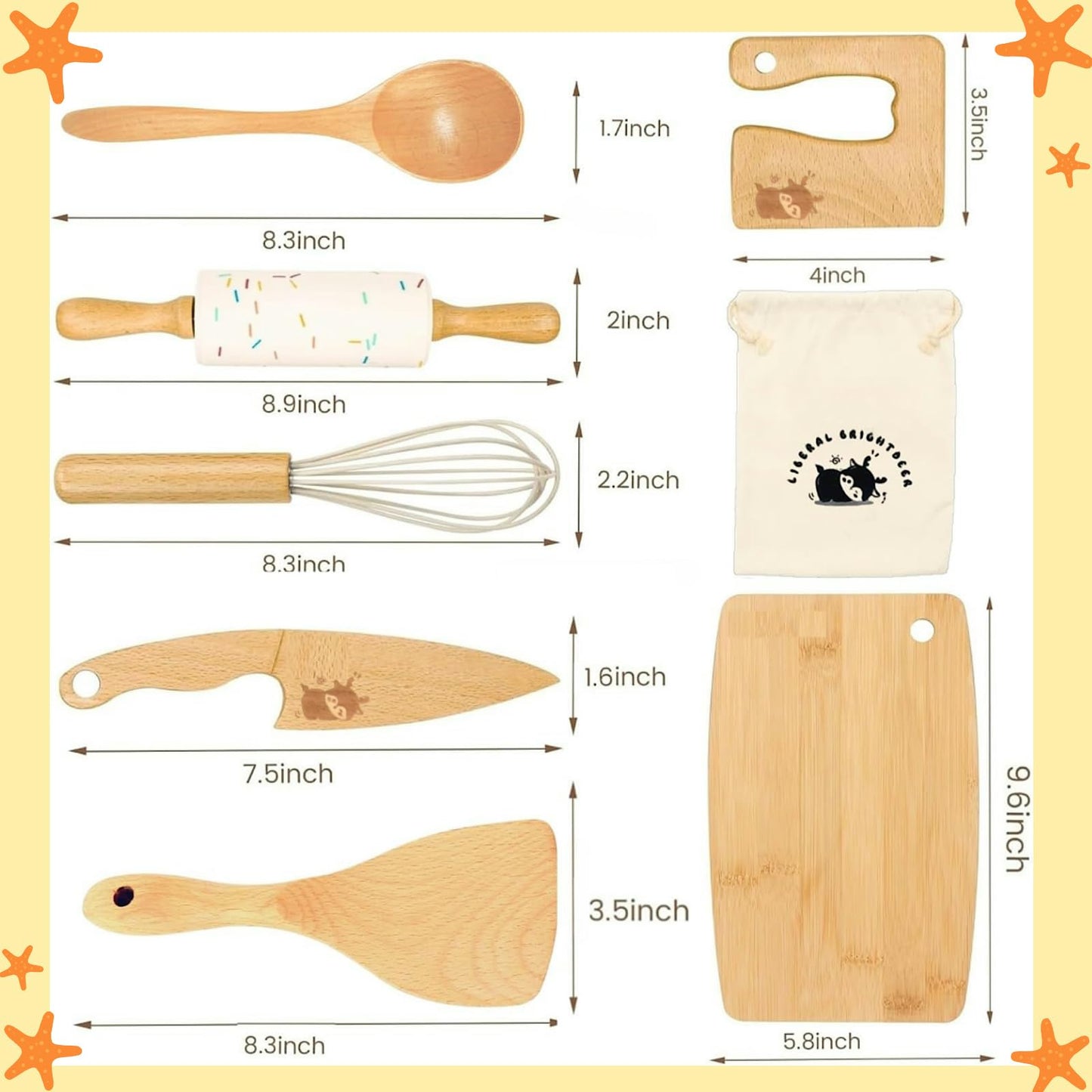 Liberal Brightdeer Wooden Kids Safe Knife and Kids Baking Set for Real Cooking, 8 PCS Toddler Montessori Kitchen Tools, Cooking and Baking for Kids Little Chefs