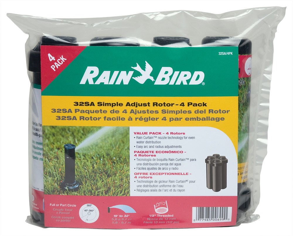 Rain Bird 32SA/4PK 32SA Simple Adjust Gear Drive Rotor, Adjustable 40° to 360° Pattern, 19' - 32' Spray Distance, 4-Pack