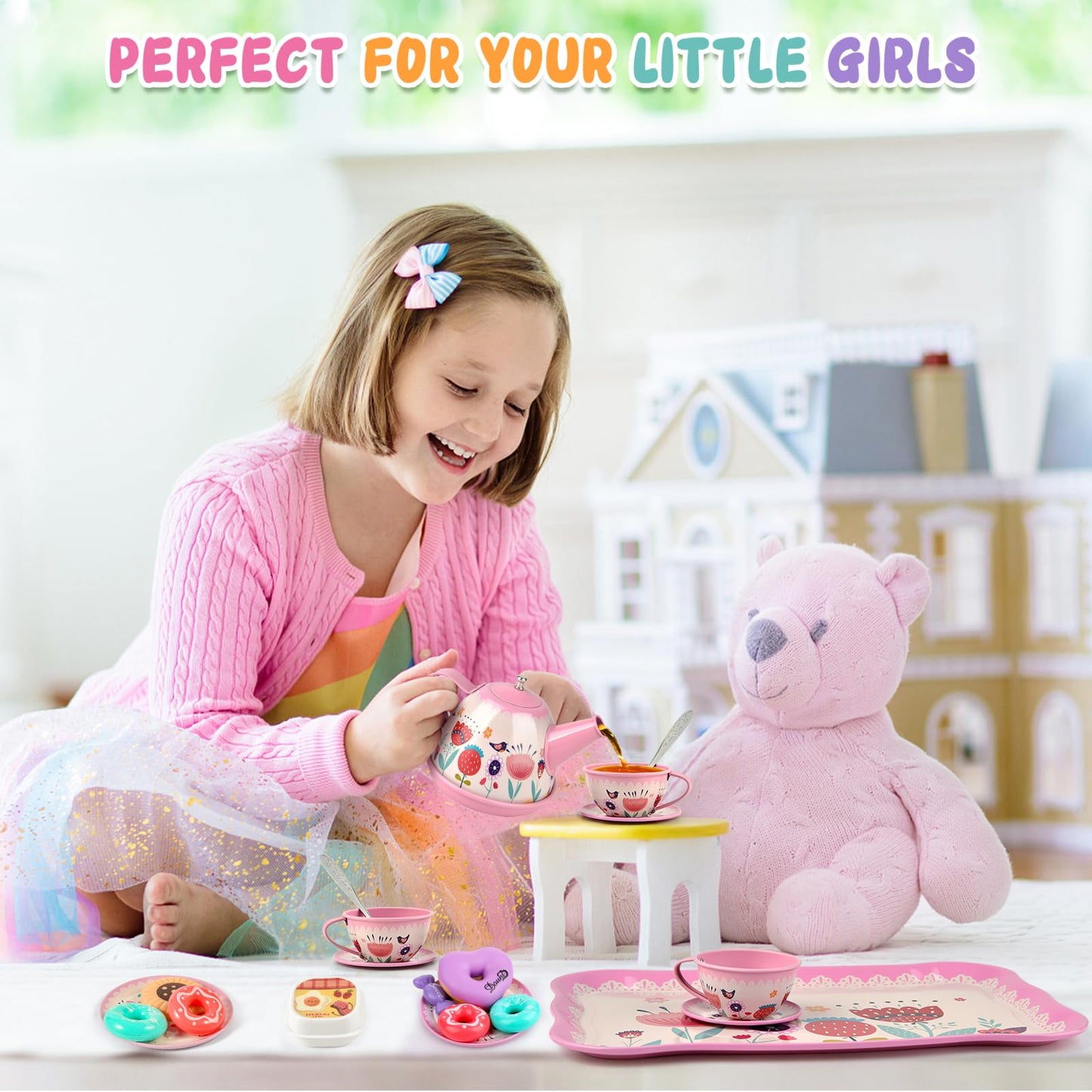 Flower Tea Set for Little Girls, Birthday Gift for Age 3 4 5 6 Year Old, Toddler Toys Tea Party Set for Little Girls, Princess Kids Kitchen Pretend Toy with Tin Tea Set, Desserts & Carrying Case
