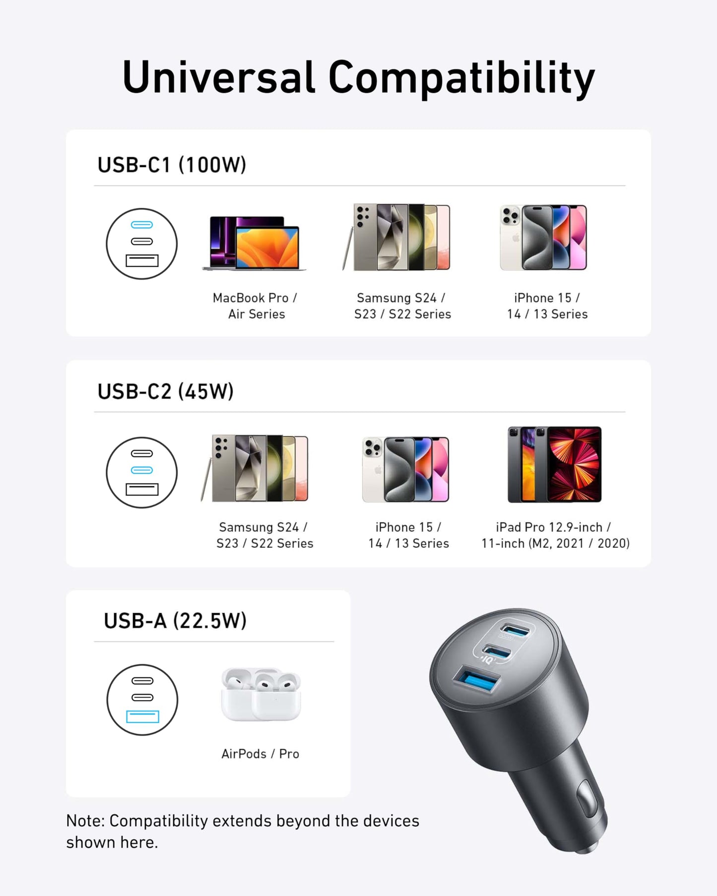 Anker USB-C Car Charger, 167.5W Max 3-Port Ultra-Compact Type-C Fast Car Charger, for MacBook Pro/Air, iPhone 15/14 / 13 Series, Samsung S24 / S23, iPad Pro, AirPods