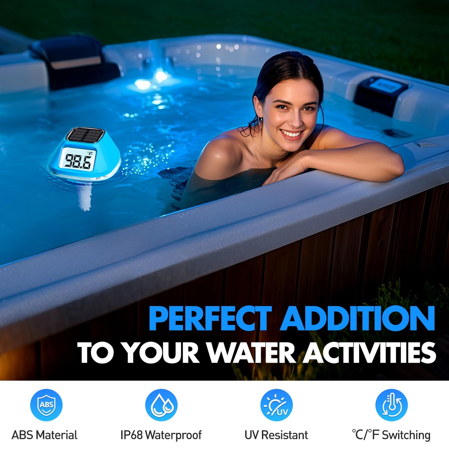 DeeprBlu 2025 New Iteration Solar Digital Pool Thermometer with Rope, Easy Read Extra Large Backilt LCD Display Floating Pool Thermometer, IP68 Waterproof Pools Water Temperature Gauge for Hot tub,Spa