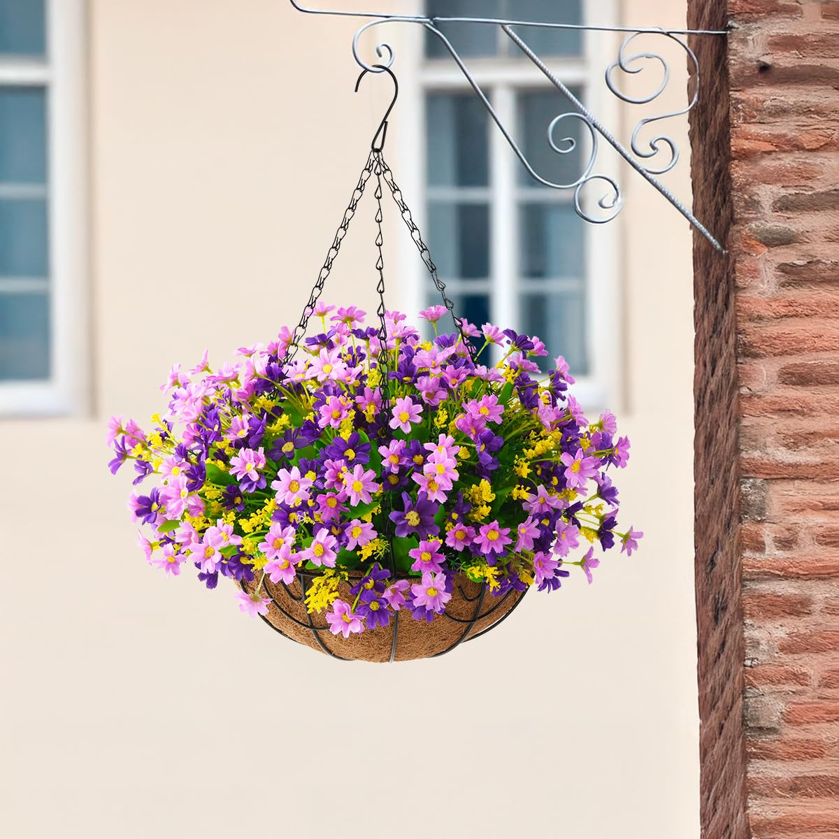 Homsunny Artificial Hanging Flowers in Basket Outdoor Indoor Patio Lawn Garden Decor, Hanging Daisy Basket with 12inch Coconut Lining Chain Flowerpot (Dark Purple)