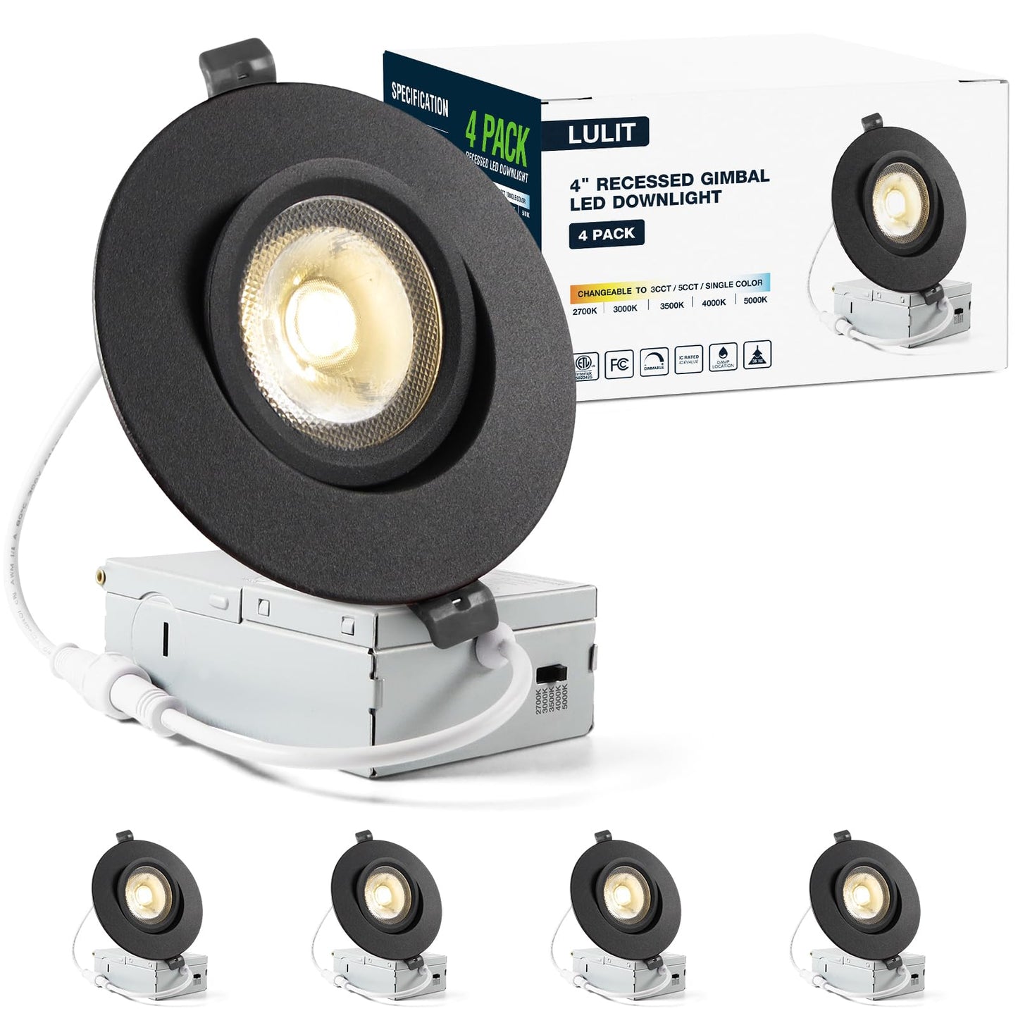 4 Pack Black LULIT 4-inch 5 CCT Gimbal LED Recessed/Downlight Color Selectable 2700K/3000K/3500K/4000K/5000K 800Lm 9W 120V Dimness Adjustable LED Lights