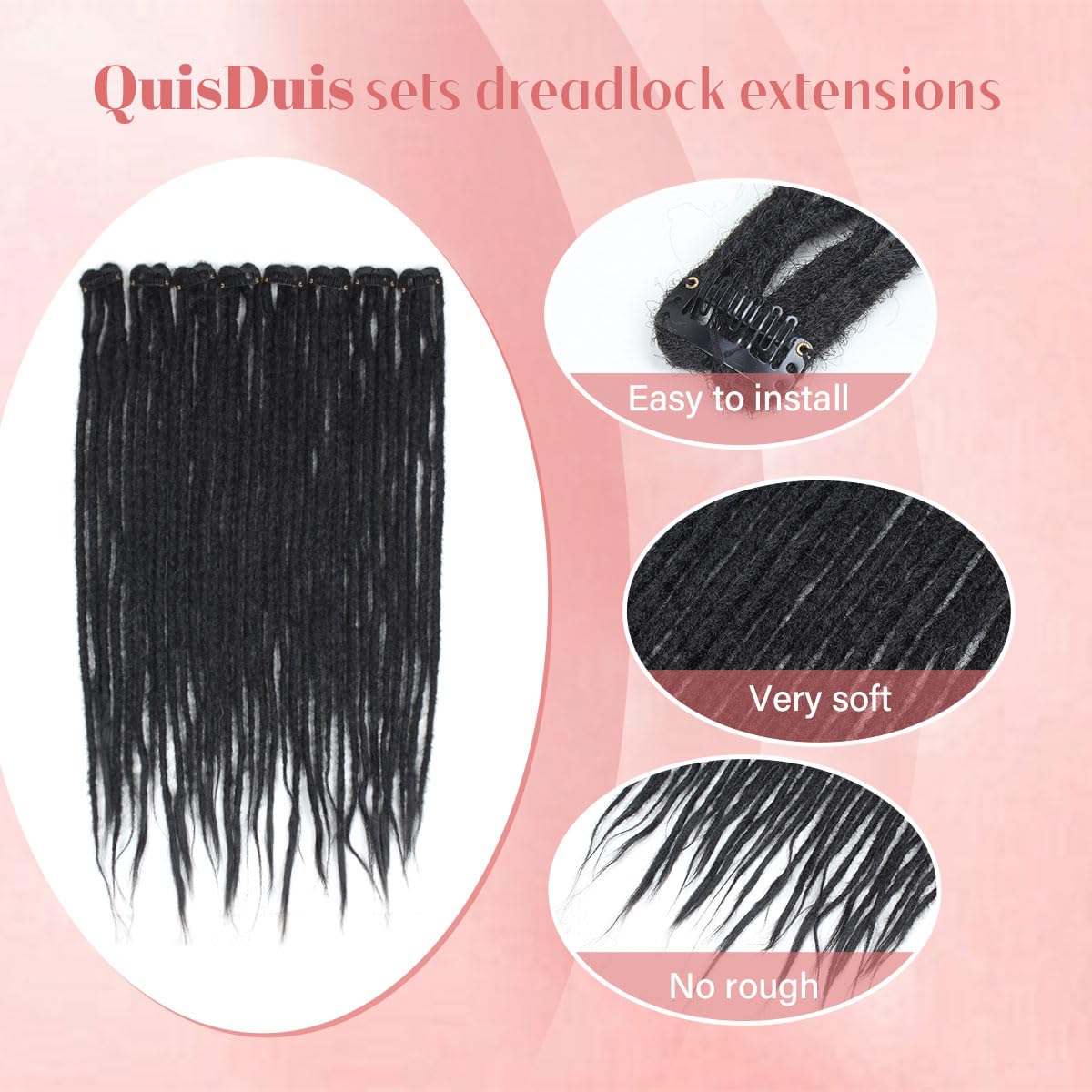 Quisduis 16 Inch Clip in Dreadlocks Hair Extensions, 8PCS 32 Strands Black Synthetic Dreas Extensions Handmade Soft Thin Dreadlocks for Women