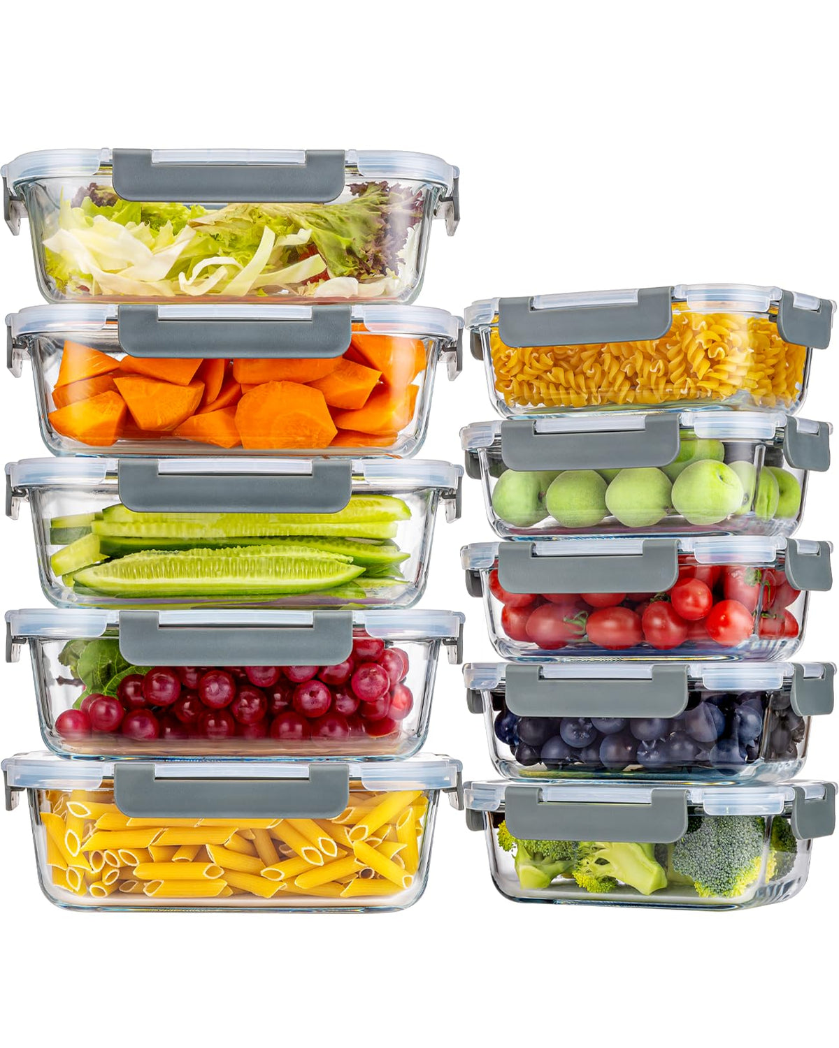 Pure Future 20-Piece Set (10-Pack) Borosilicate Glass Food Storage Containers with Upgraded Detachable Locking Lids - Airtight Leak Proof Meal Prep Lunch Boxes, Oven/Microwave Safe