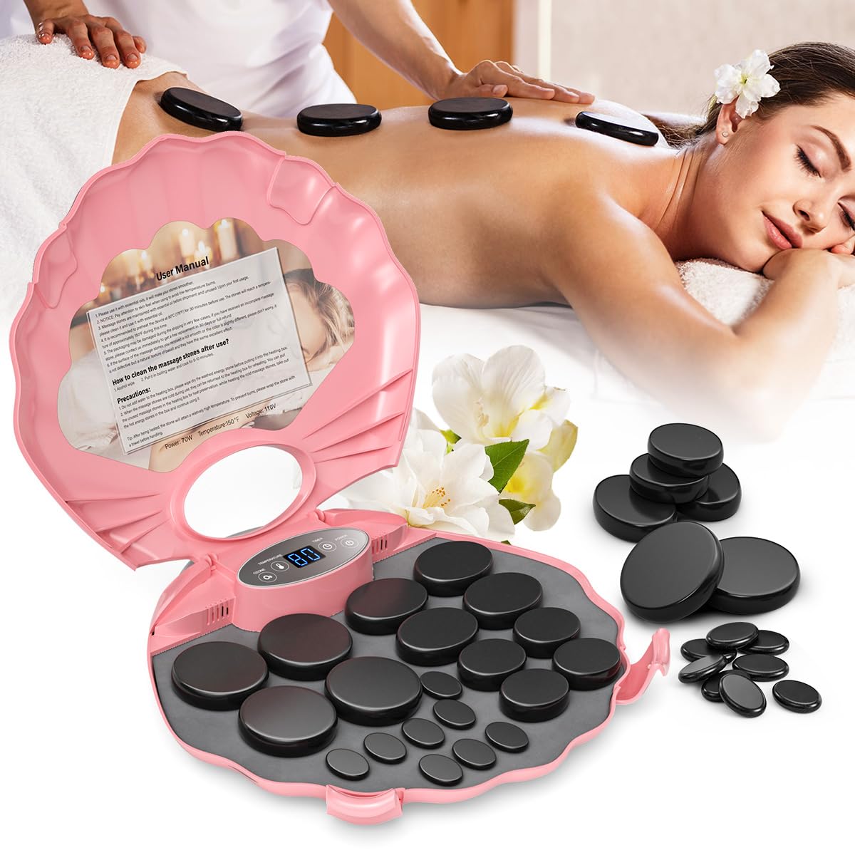20PCS Hot Stones Massage Set, Hot Stones Massage Warmer Kit, Portable Massage Stones Basalt Hot Rocks Massage Stone for Professional or Home SPA, Therapy Relaxing, Healing, Pain Relief(Pink)
