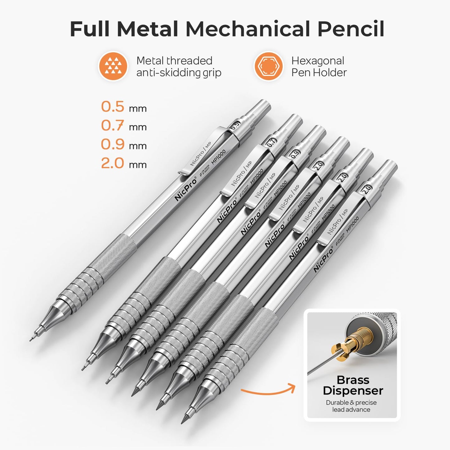 Nicpro 20PCS Metal Mechanical Pencil Set in Leather Case, 0.3, 0.5, 0.7, 0.9 mm & 2mm Lead Pencil Holders, 9 Tube (4B 2B HB 2H) Lead Refills(Black & Colors), Erasers For Art Drafting Sketching Drawing