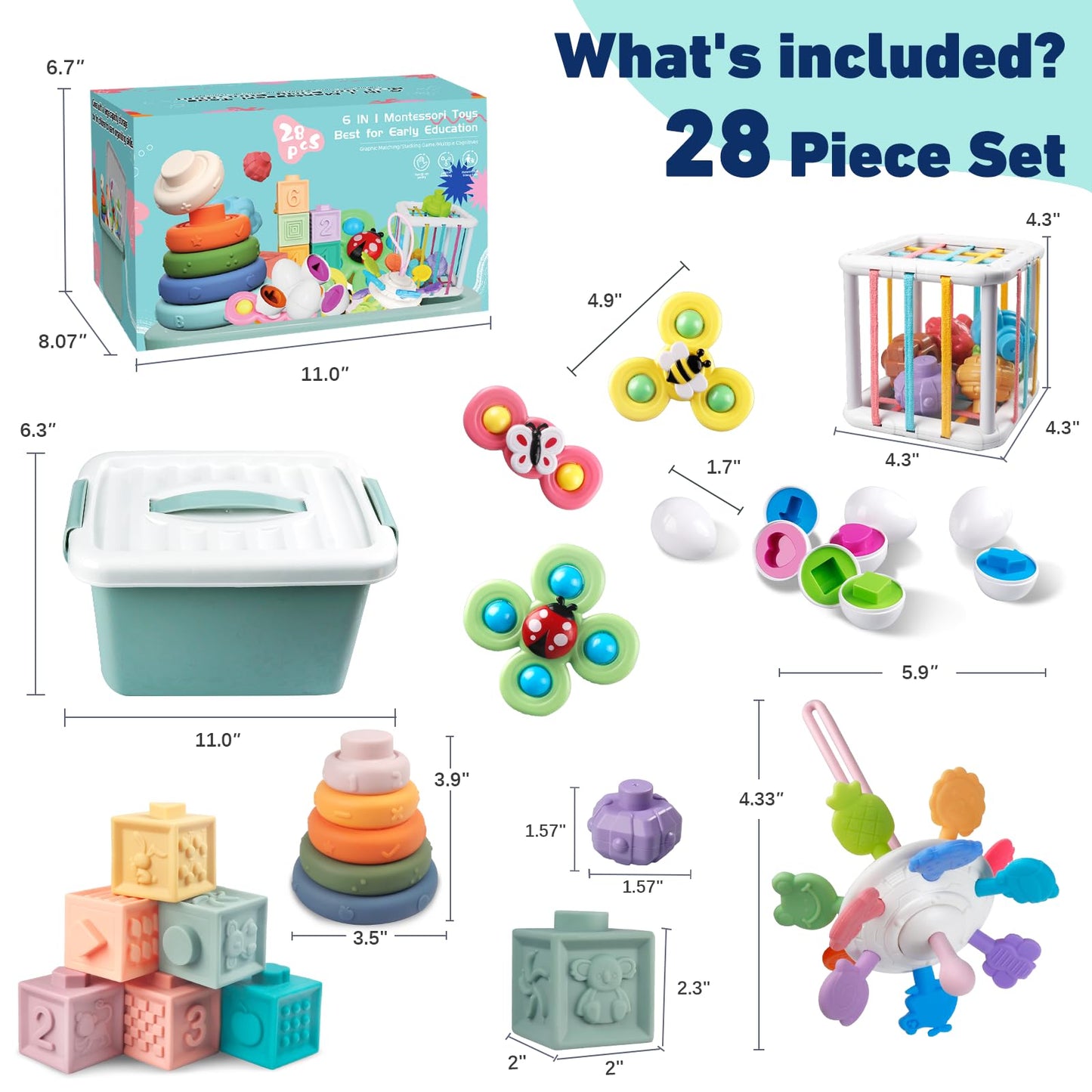 6 in 1 Montessori Toy for Baby 6-12-18 Months, Soft Stacking Building Blocks Infant Baby Teething & Sensory Toys for Toddlers 1-3 Year Old Boy Girl Gift