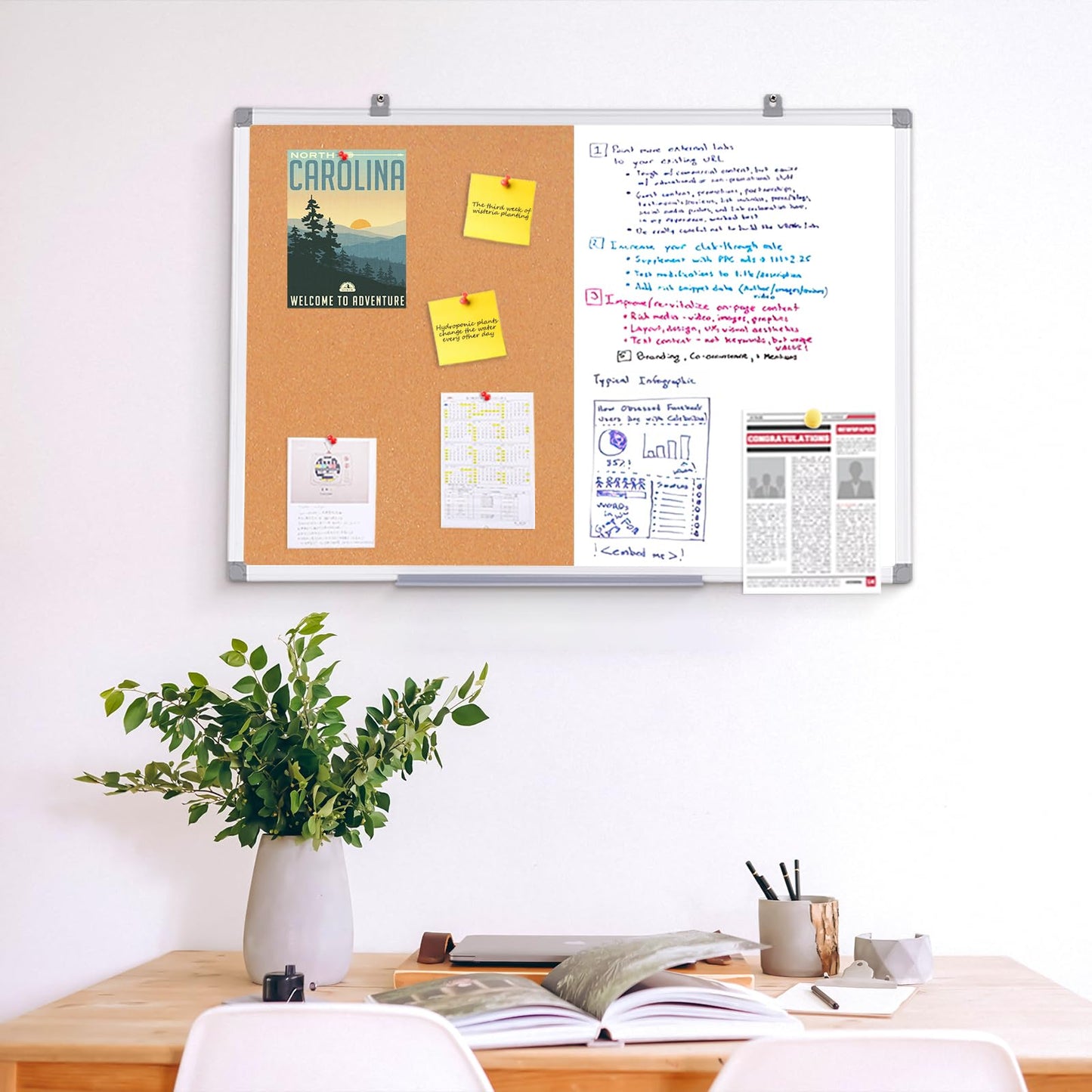 Cork Board and Dry Erase Board Combo Bulletin Board Combination Magnetic Pin Notice WhiteBoard for Home Office School 24x36inches