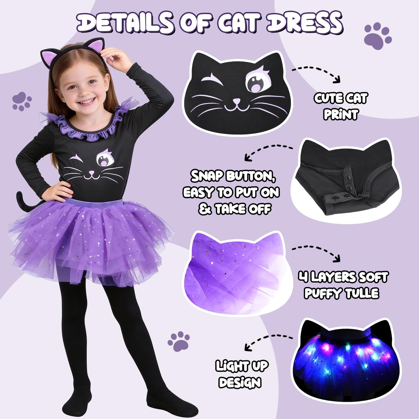 GIFTINBOX Cat Costume for Girls, Light Up Black Cat Costume, Halloween Animal Dress Up Costumes for Kids Age 3-8