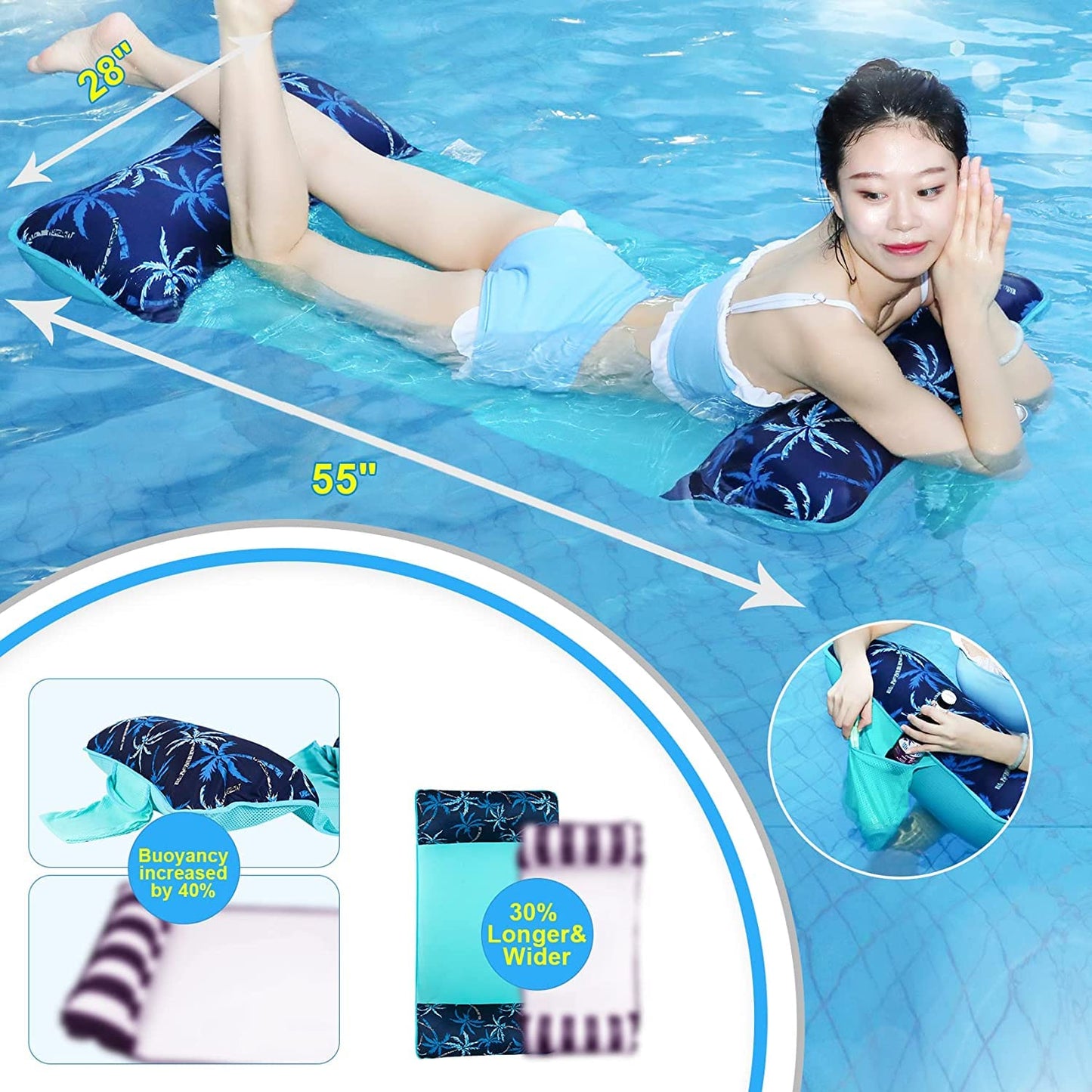 Pool Floaties for Adults, 2 Pack Inflatable Water Hammock with Soft Mesh, Swimming Pool Floats Chair, Beach Essentials for Vacation Travel, Heavy Duty Lake Inflatable Lounger Rest Fun
