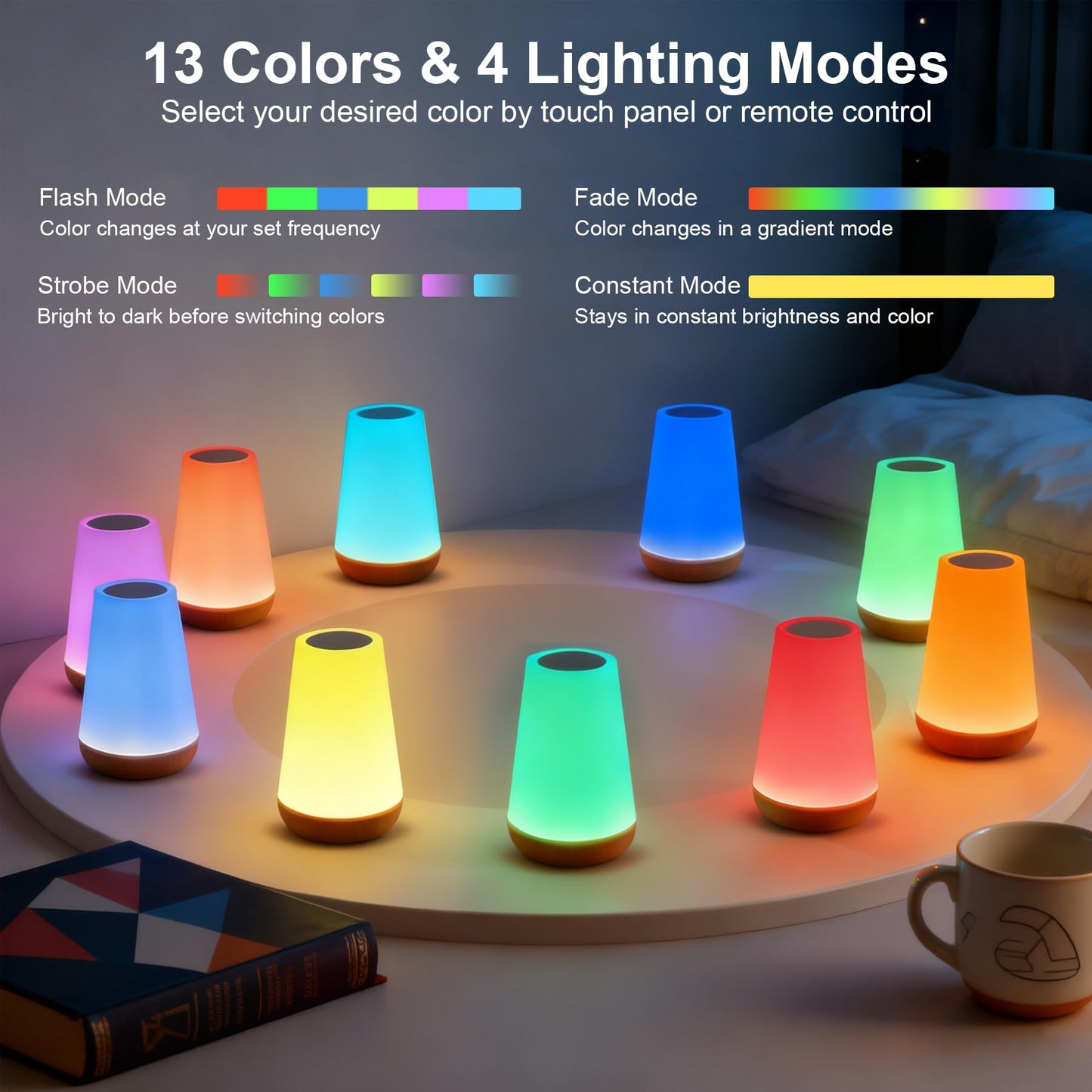 YUNJAYI 2 Pack Touch Bedside Lamp Wireless, 13 Colors Changing & 5 Modes, Dimmable Night Lights for Kids Bedroom, Portable Small Lamp Rechargeable Sleep Aid, Eye Caring Baby Nursery Night Lamp Timer