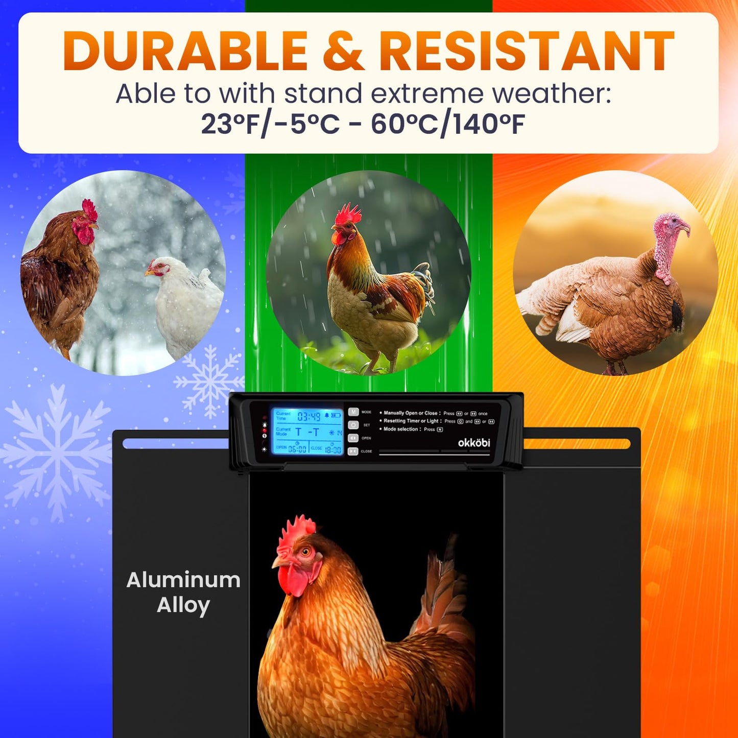 Extra Large Automatic Chicken Coop Door Solar Powered with Remote – LCD Display, Light Sensor, Timer & Anti-Pinch Function – 28.7 cm x 22.1 cm Door Opening – 5-Year Protection – Black – by Okköbi