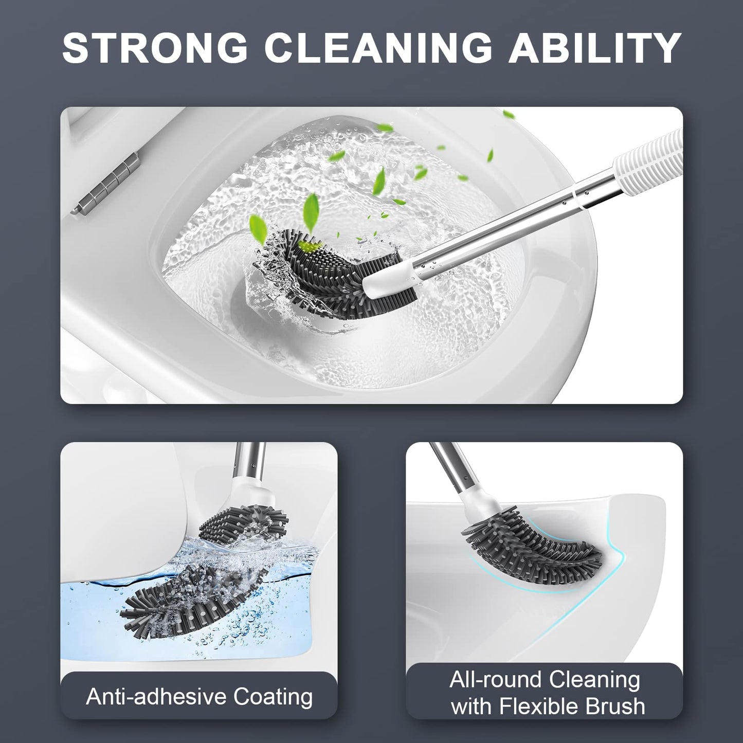 ASOBEAGE Toilet Brush,Deep Cleaner Silicone Toilet Brushes with No-Slip Long Plastic Handle and Flexible Bristles, Silicone Toilet Brush with Quick Drying Holder Set for Toilet (White-New,2 Pack
