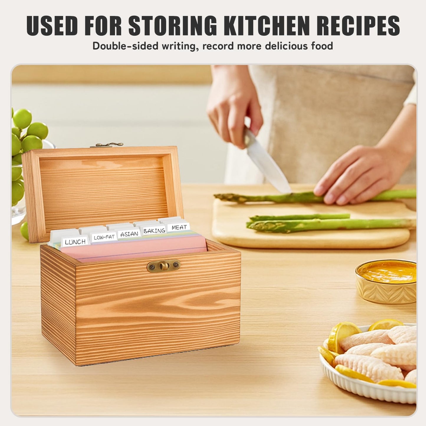 MOBYKE Index Card Holder 4x6, wooden Origanizer Recipe Box with 100 PCS Flash cards, 30 White Dividers, 1 Blank Sticker and 1 Letter Sticker, Flashcard Notecard Holders for Home Office