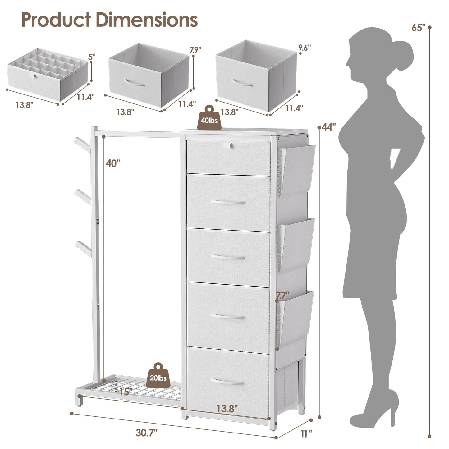 Luxspire Dresser with Hanging Rack, Reversible Dresser for Entryway with 5 Fabric Storage & 3 Coat Racks & Side Pockets Small Closet with Clothes Rack, White