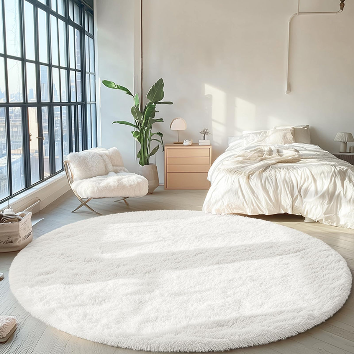 OLANLY Cream White Round Rugs for Bedroom, 7 Ft Machine Washable Circle Area Rugs for Living Room, Non-Slip Fluffy Carpet for Teen Girls and Boys, Dorms, Nursery Rooms, Home Decor Aesthetic