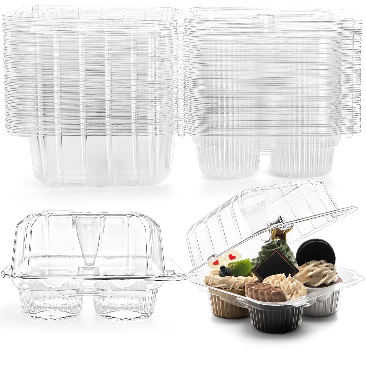 Coloch 50 Pack 4-Cavity Clear Cupcake Container, 4 Compartment Plastic Cupcake Holder with Connected Lid, Deep Dome Muffin Container, Stackable Carrying Box for Cupcakes, Wedding, Party Gift Packaging