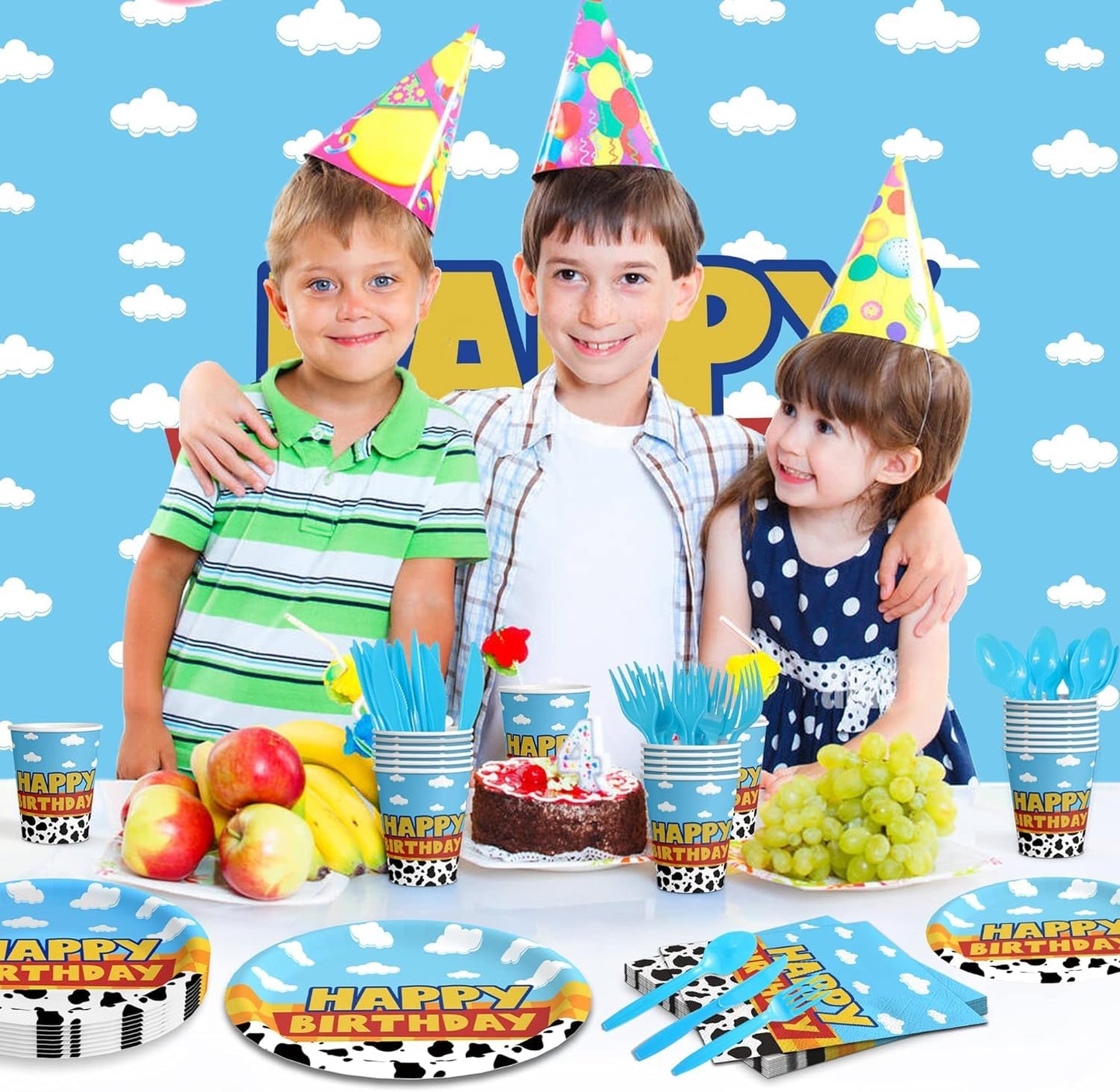 Inspired Story Birthday Party Supplies Cartoon Story Birthday Party Decorations Cartoon Story Plates and Napkins Tableware Set Blue Cloud Cow Print Party Supplies