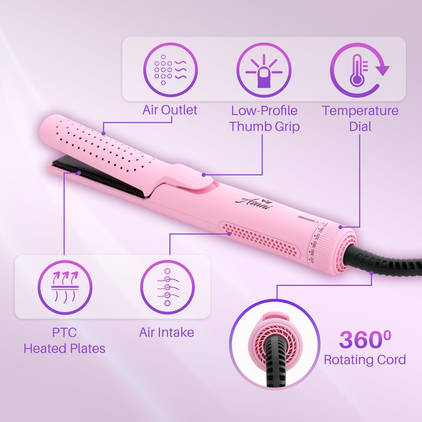 Asani 360° Airflow Styler - 2-in-1 Professional Curling Wand & Hair Straightener - Flat Iron Curler with Cooling Fan, Air Vents - Crimper Styling Tool for Volume & All-Day Curls - for All Hair (Pink)