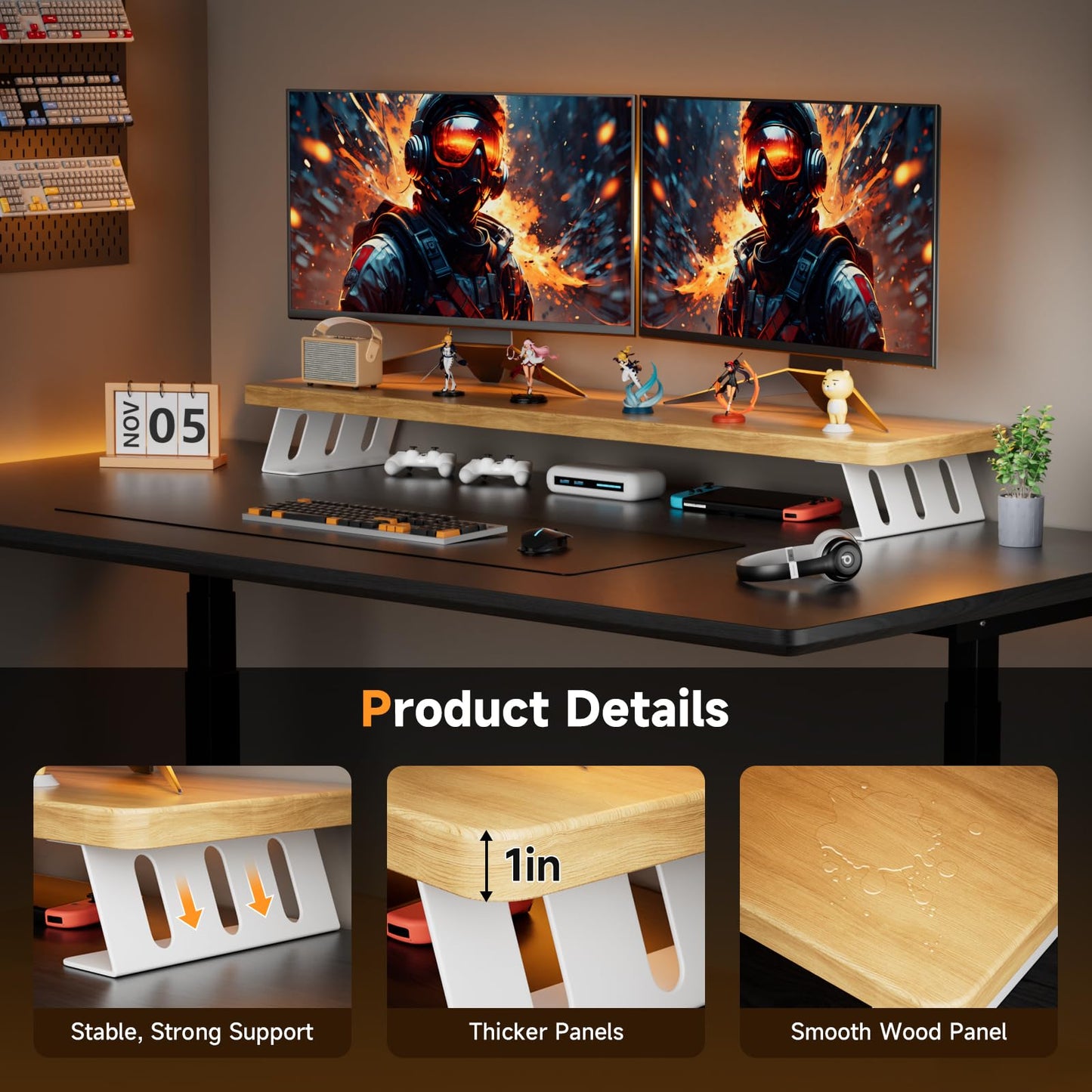 NestNeat Dual Monitor Stand, 39 Inch Large Wood Monitor Stands for 2 Monitors, Desktop Monitor Riser with Metal Support for Computer/Laptop/Printer/TV (Oak, 100cm)