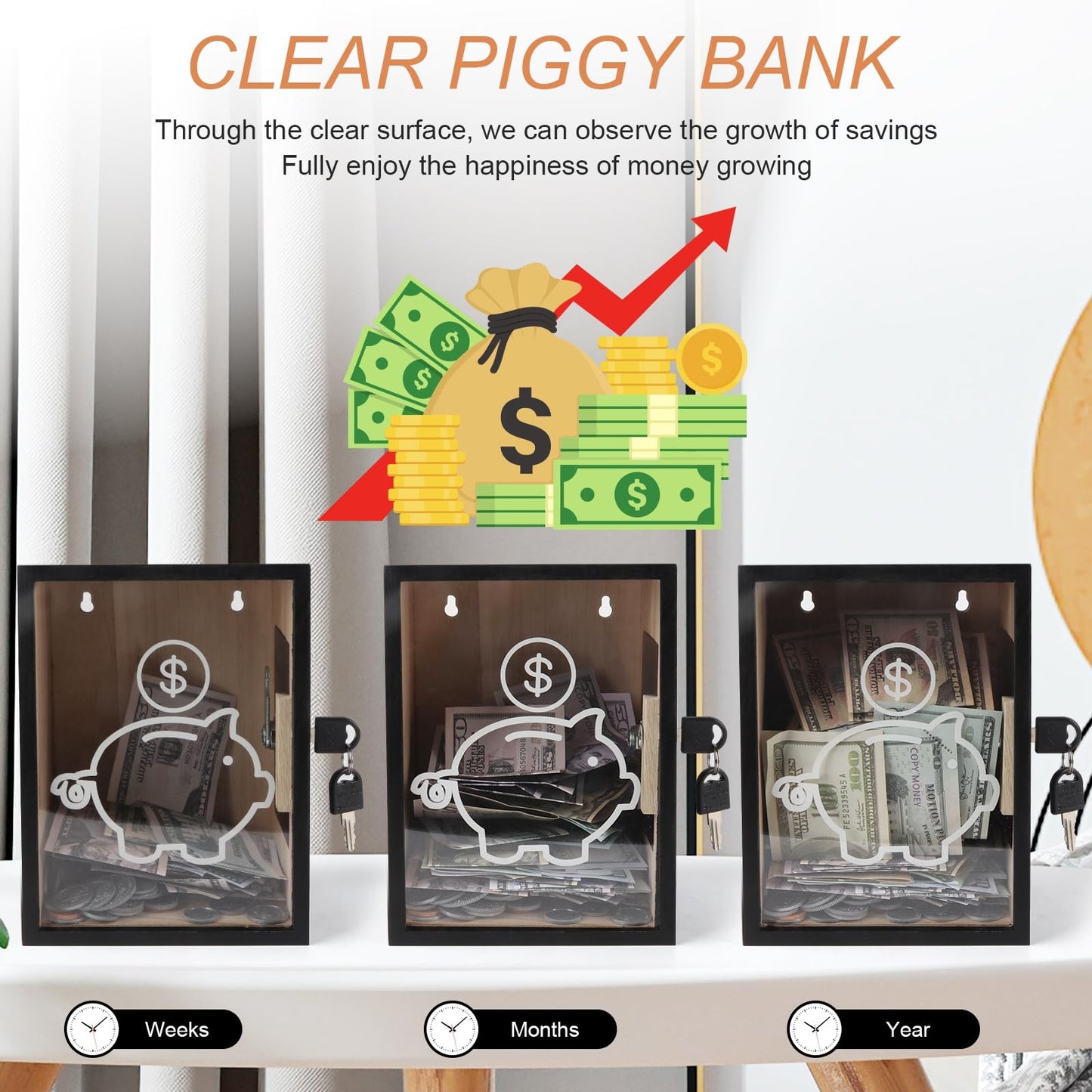 Mczxon Clear Piggy Bank with Lock, Large Money Saving Jar Money Bank Box Container for Cash Saving, Openable Clear Money Coin Change Bank Jar Container Penny Piggy Jar Bank for Adults Kids, Black