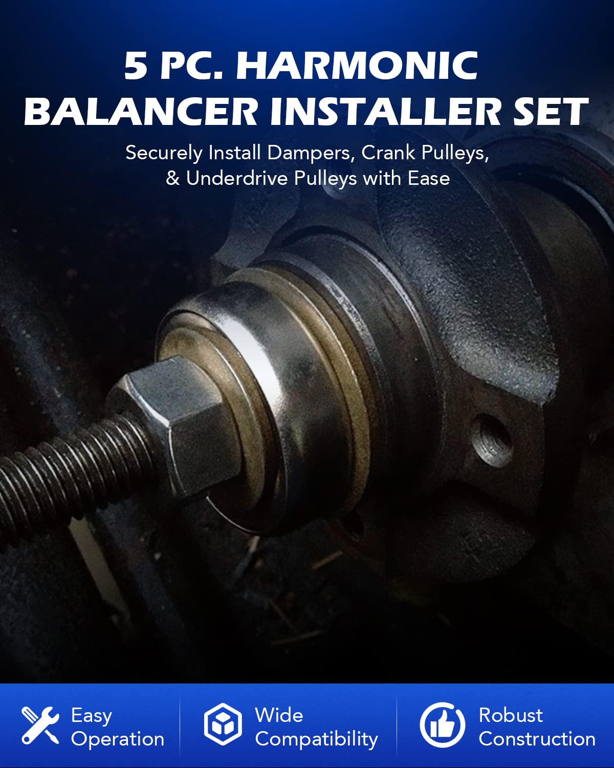 Orion Motor Tech Harmonic Balancer Installer Set Compatible with Ford Dodge GM, 5pc Long Reach Crank Pulley Underdrive Pulley Damper Installation Tool for V8 and V6 Engines with 4 Adapters