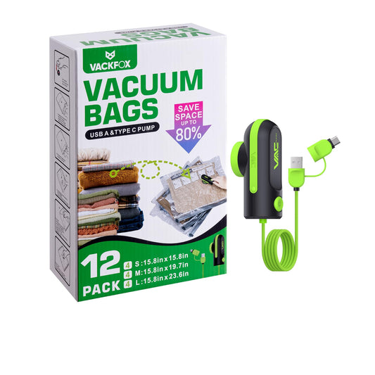 12 Pack Travel Vacuum Bags for Clothing with USB and TYPE C Pump, Compression Seal Packing Cubes for Luggage Suitcase Backpack,Carry-on Size Space Saver Storage Bags for Vacation Cruise（Green）