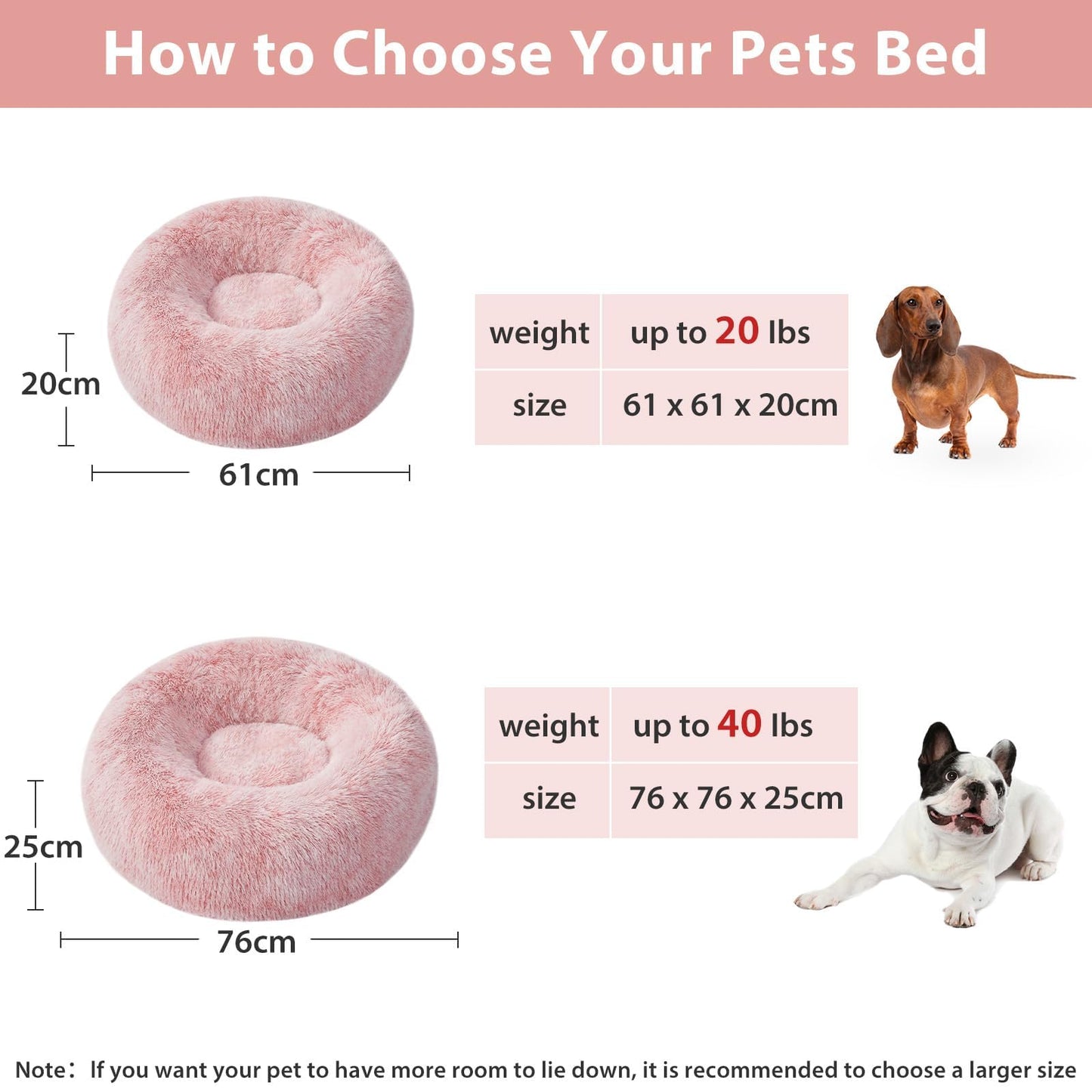 BFPETHOME Calming Dog Bed Cat Bed Donut, Faux Fur Pet Bed Self-Warming Donut Cuddler, Comfortable Round Plush Dog Beds (76 x 76 x 25 cm, Light Pink)