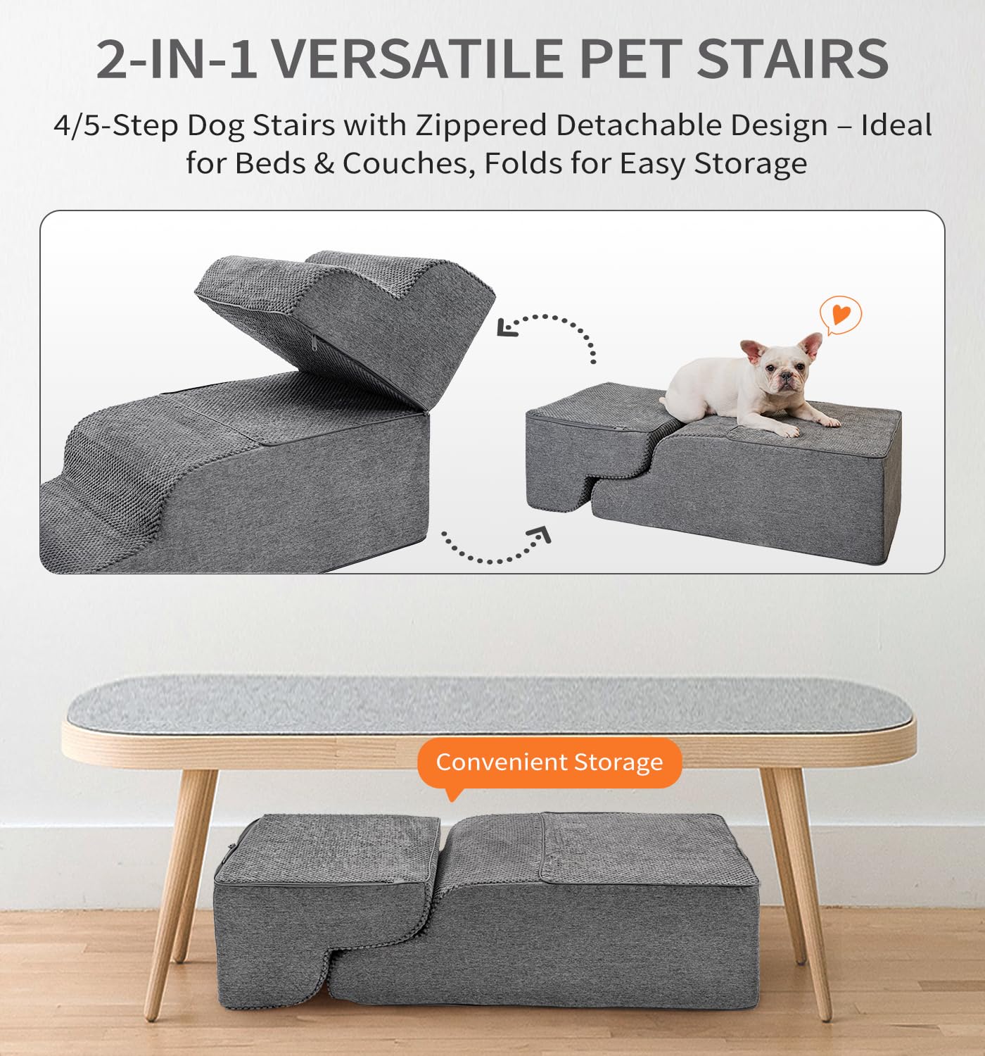 Made4Pets Dog Stairs for Small Dogs High Beds 5-Step, Curved Pet Stairs for Bed Couch Sofa & Chair, 35D Foam Dog Steps with Non-Slip Bottom, Folding Cat Stairs with Leakproof Cover, 22.8" H, Grey