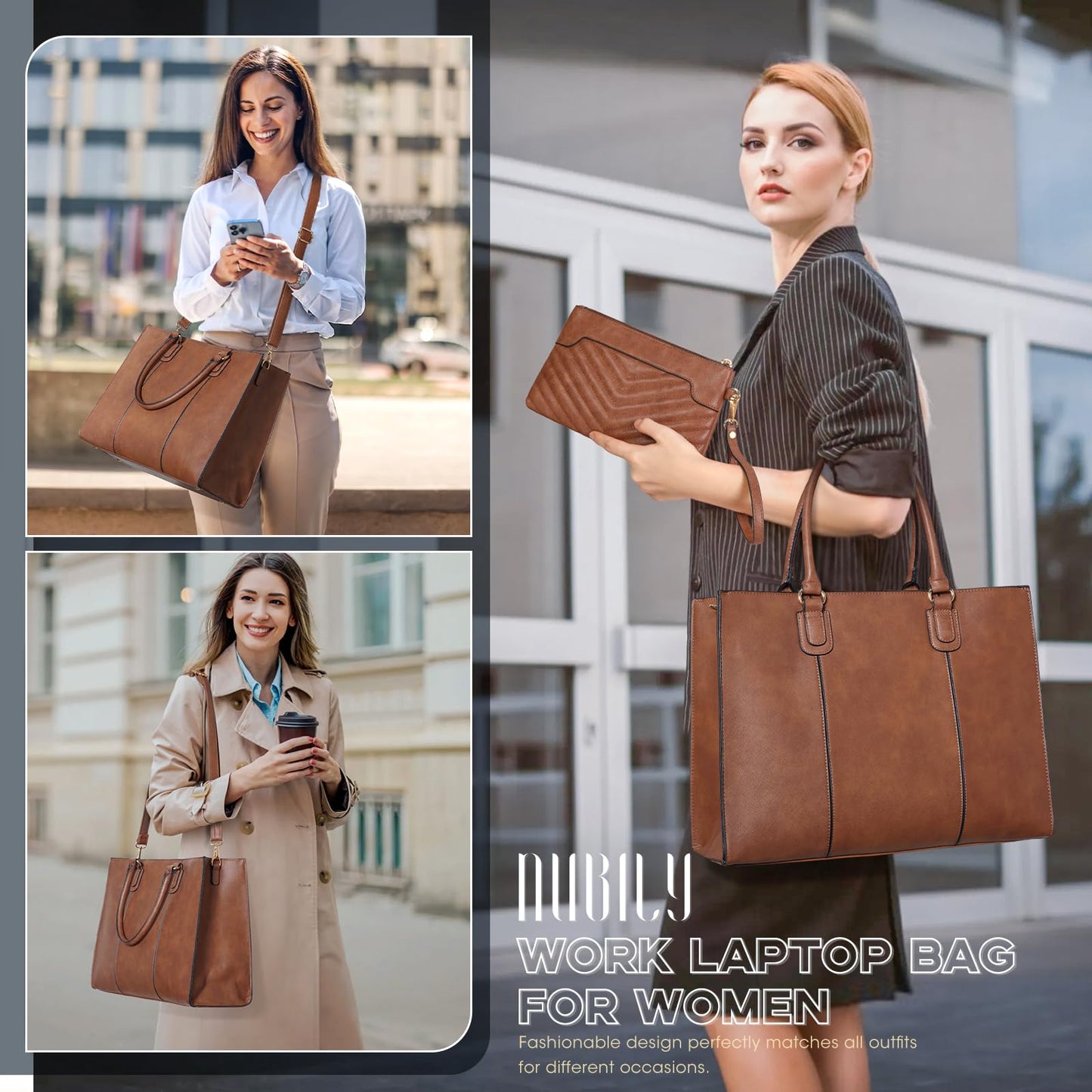 NUBILY Laptop Bags for Women 15.6 Inch Work Tote Bags Womens Laptop Purse Waterproof PU Leather Laptop Briefcase for Office Computer Bag Women Travel Handbag Shoulder Bag Brown