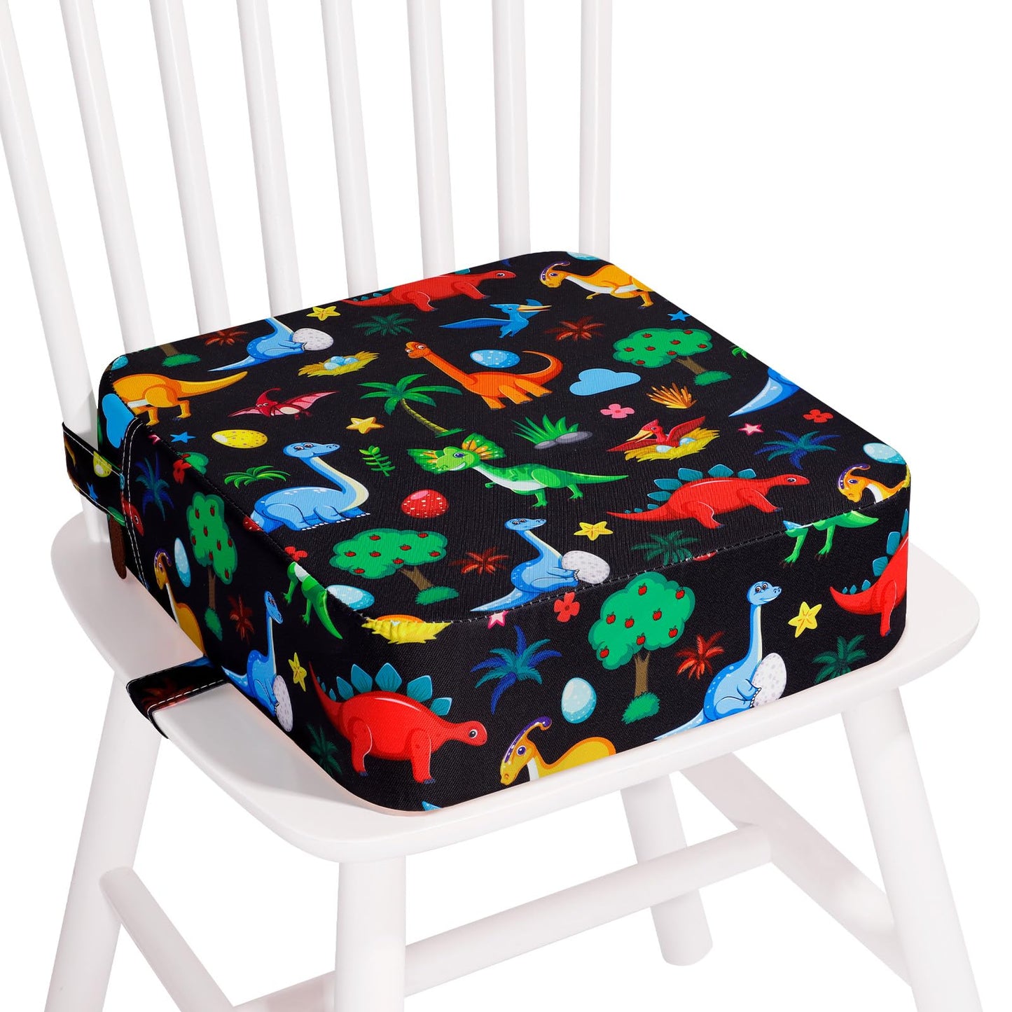 TOTIDYH Toddler Booster Seat for Kitchen Chair, Non-slip Kids Dining Table Booster Seat with Adjustable Safer Straps, Portable Baby Eating Travel Camping Increasing Cushion, Black Dinosaur