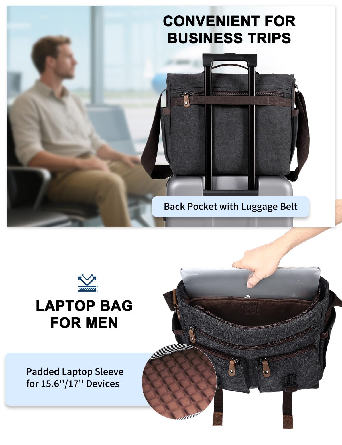 Messenger Bag for Men Women，Kasqo 15.6 Inch Large Canvas Laptop Bag Water Resistant Shoulder Bag Satchel Computer Briefcase for Office Business Travel School Dark Gray