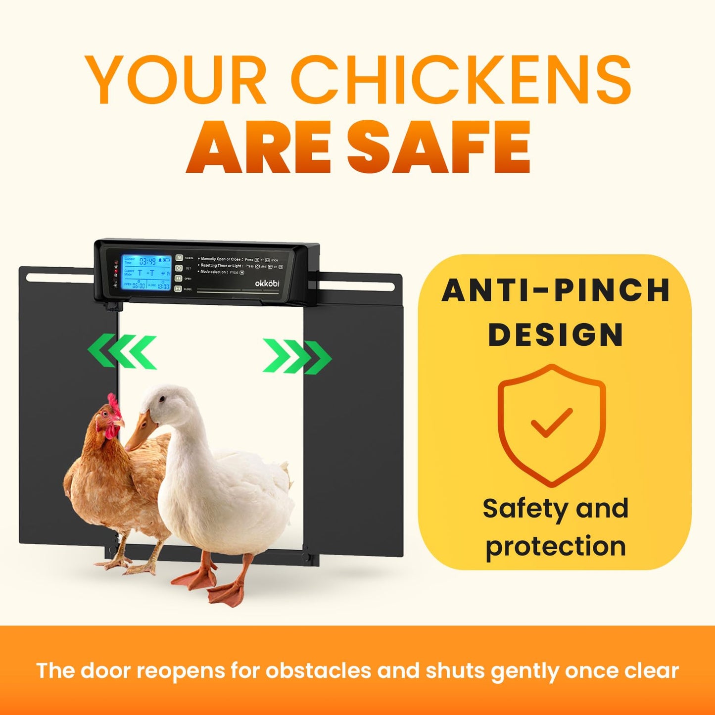 Extra Large Automatic Chicken Coop Door Solar Powered with Remote – LCD Display, Light Sensor, Timer & Anti-Pinch Function – 28.7 cm x 22.1 cm Door Opening – 5-Year Protection – Black – by Okköbi