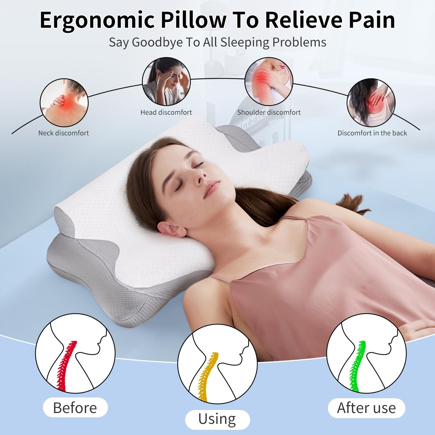 ZJZ Cervical Pillow, Ergonomic Pillow, Cervical Neck Pillow, Neck Pillow, Pillow for Neck Pain, Orthopedic Bed Pillow for Side Back Stomach Sleepers