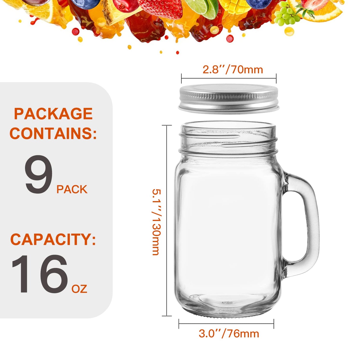 16 oz Glass Mason with Lids,9 Pack Reusable Mason Jars with Handle,Glass Overnight Oats Jar,Drinking Jars,Beer Mugs for Smoothies,Preserve,Cocktails,Party Favors