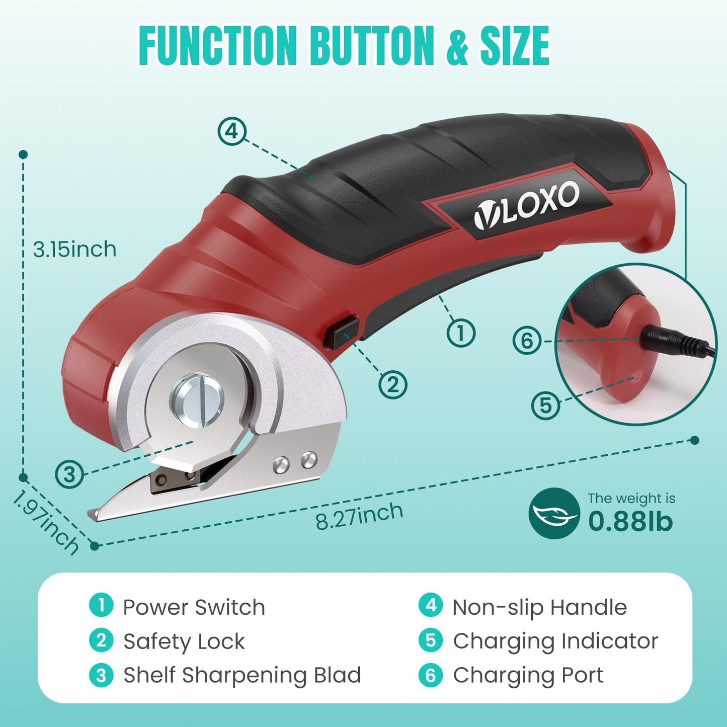 VLOXO 4V Cordless Electric Scissors – Rechargeable Rotary Cutter with Safety Lock for Home Crafting, Warehouse Packaging & DIY Projects, Cuts Cardboard Leather Fabric (Red)